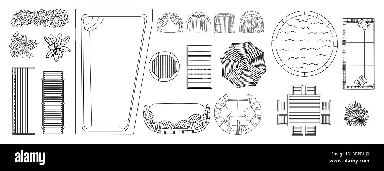 Zeichnung des Pools und der Terrasse mit einer Vielzahl von Gegenständen Stock Vektor