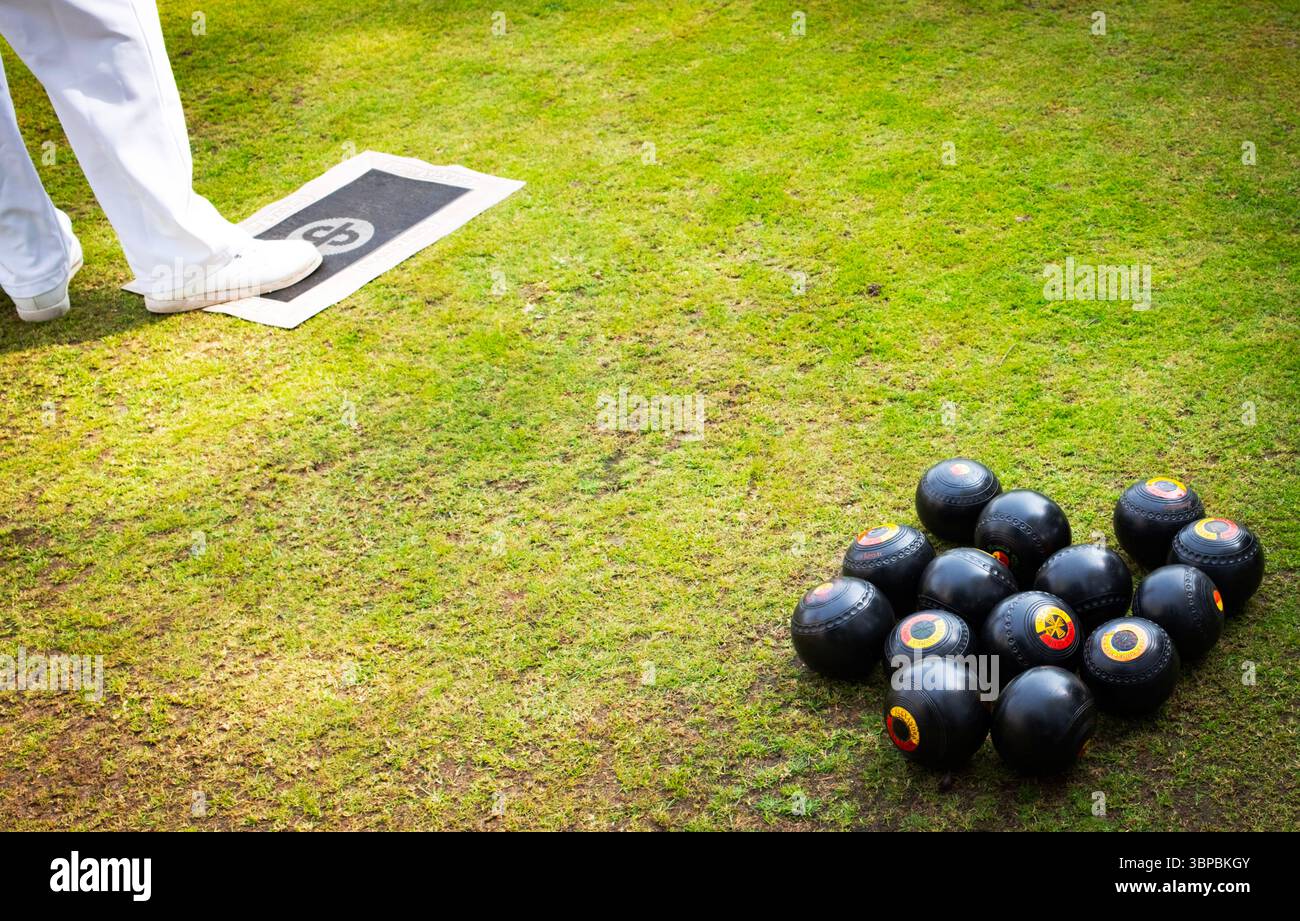 Rasen Bowls im Alexandra Bowls Club in Southend on Sea. Stockfoto