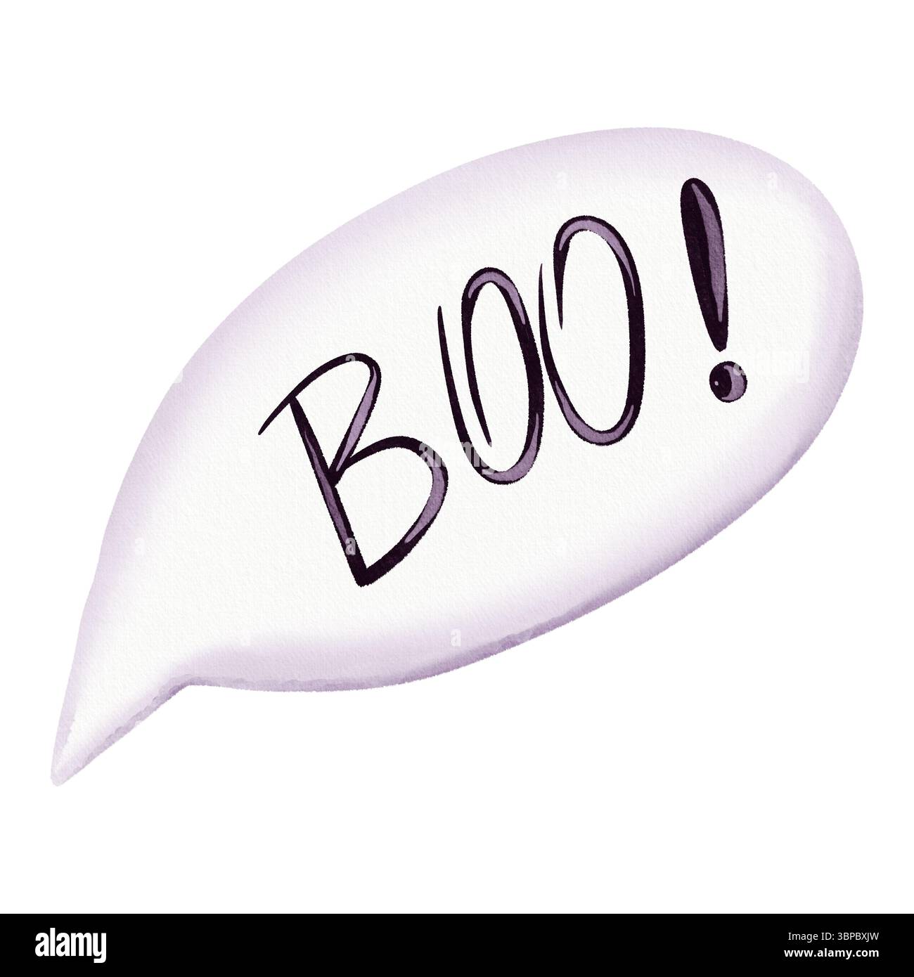 Eine Illustration einer Sprechblase im Aquarellstil mit der Aufschrift „Buh!“ Das fängt die Halloween-Atmosphäre perfekt ein. Stockfoto