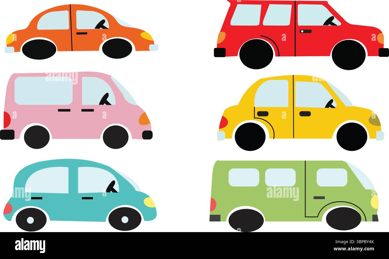 : Eine bezaubernde und farbenfrohe Illustration mit sechs verschiedenen Cartoonautos, perfekt für Kinderdesigns, Lehrmaterialien oder verspielte Grafiken Stock Vektor
