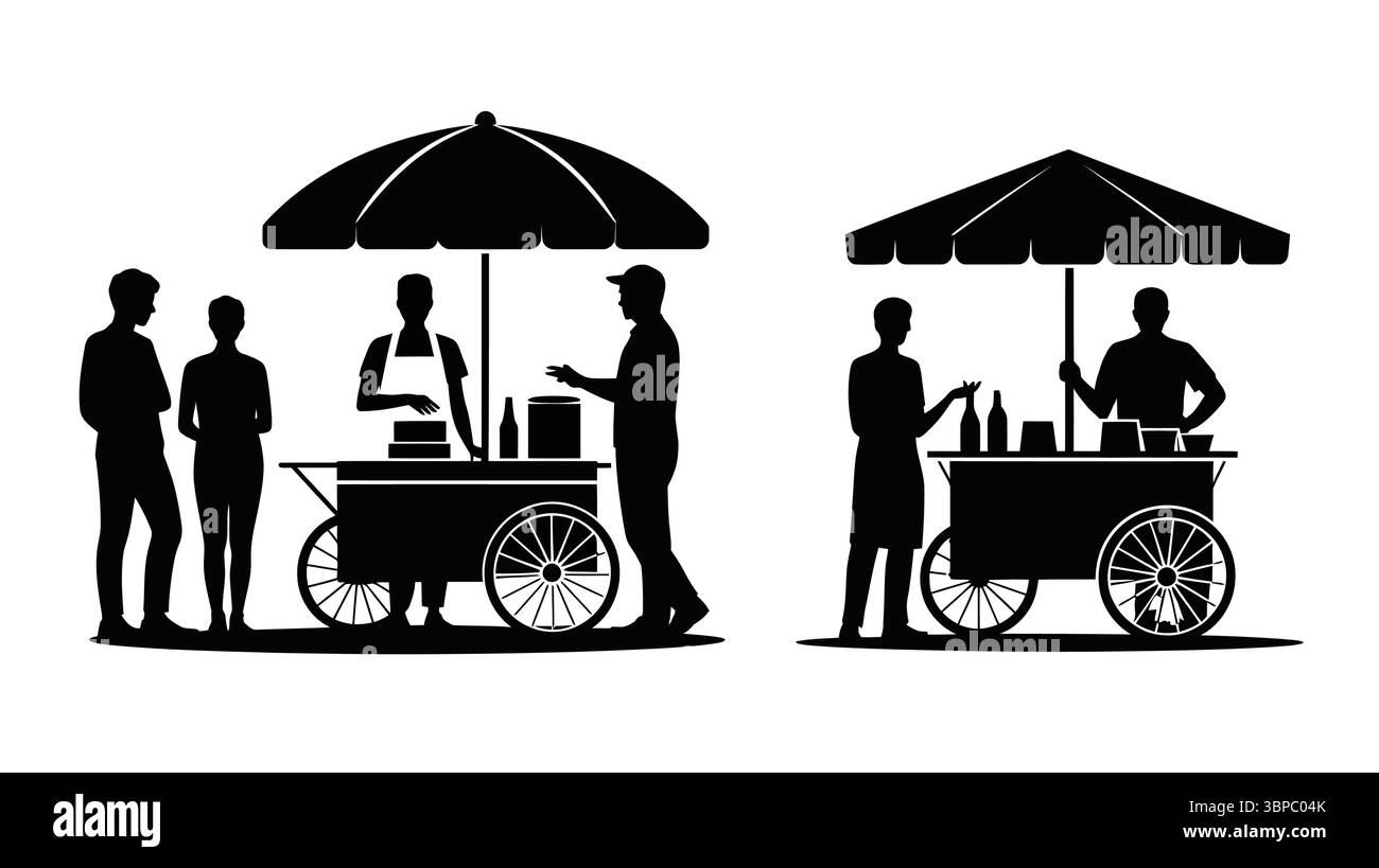 Zwei Lebensmittelwagen mit Verkäufern und Kunden unter Regenschirmen in Silhouette auf weißem Hintergrund Stock Vektor