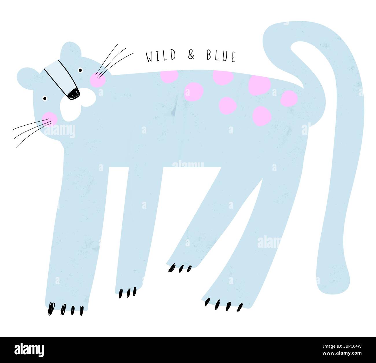 Wild Und Blau. Lustiger Blauer Leopard Mit Rosa Punkten Auf Seinem Rücken. Kindliche Hand Gezeichnete Vektor-Illustration Von Glücklichem Wild Cat.Safari Tier. König Des Dschungels Stock Vektor