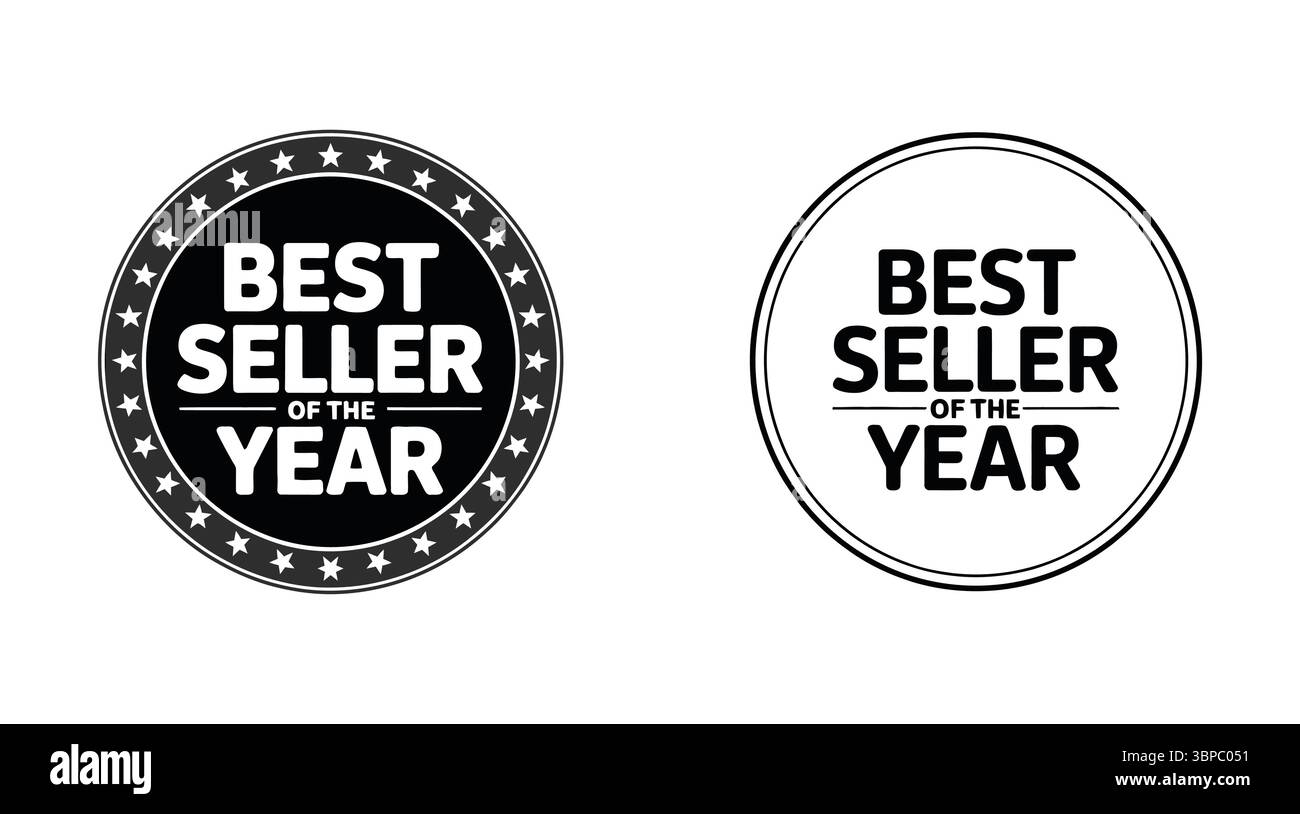 Zwei Bestseller des Jahres-Abzeichen in Schwarz-weiß mit verschiedenen Randmotiven auf weißem Hintergrund Stock Vektor