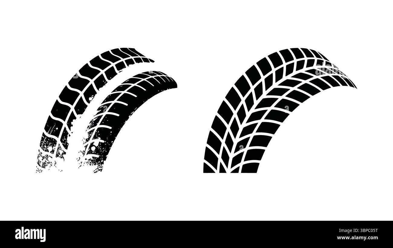Zwei Reifenspuren in Schwarz-weiß, von denen eine auf weißem Hintergrund Abnutzung zeigt Stock Vektor