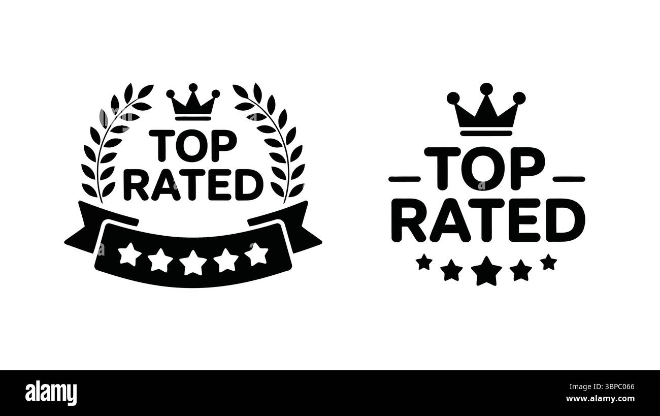 Zwei Top bewertete schwarze Vektor-Ikonen mit Kronen Sternen Lorbeerkränzen und Bändern auf einem weißen Hintergrund Stock Vektor