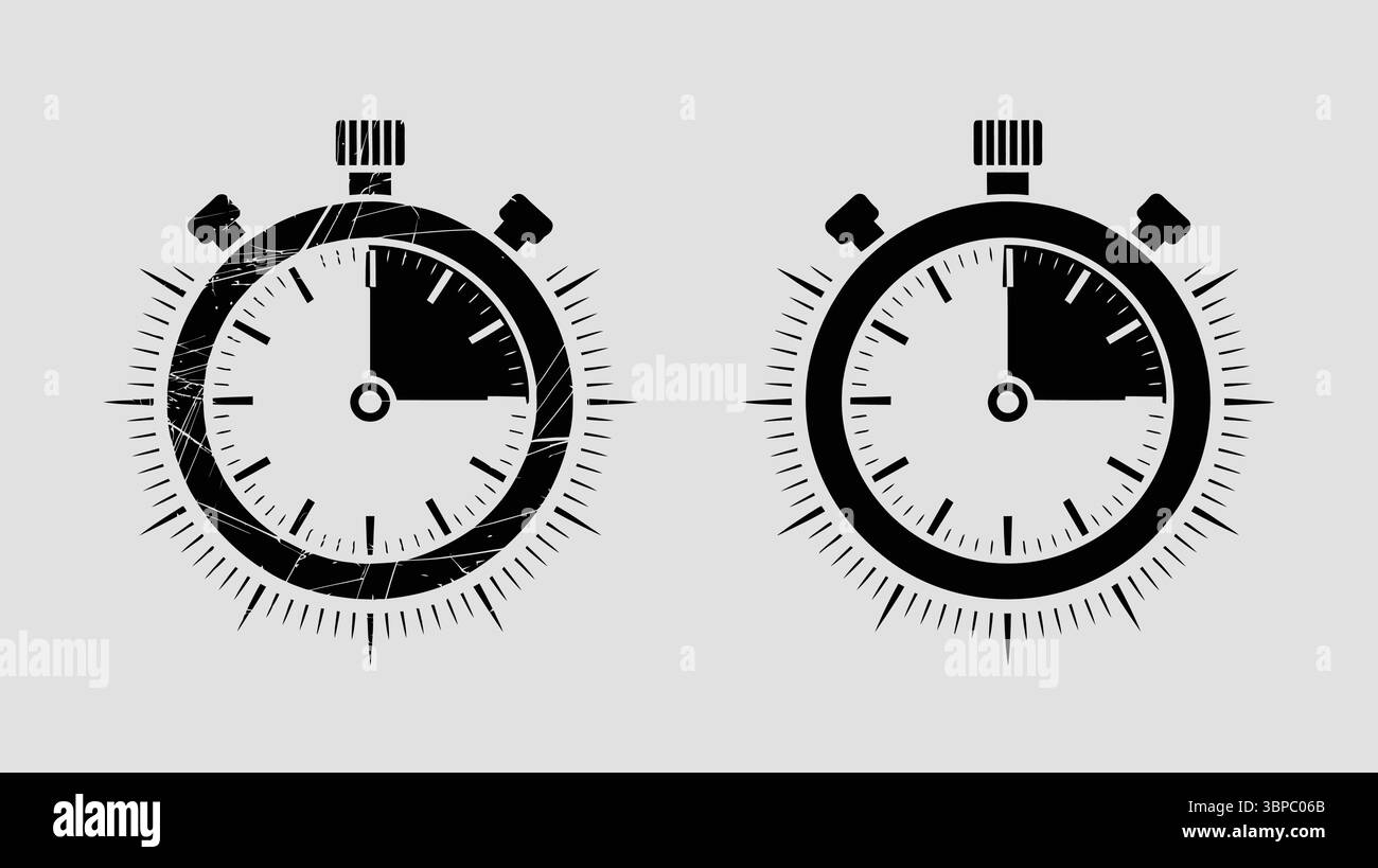 Zwei schwarze Stoppuhrsymbole, die die Zeit auf einem grauen Hintergrund anzeigen, wobei eines einen strukturierten Look aufweist Stock Vektor