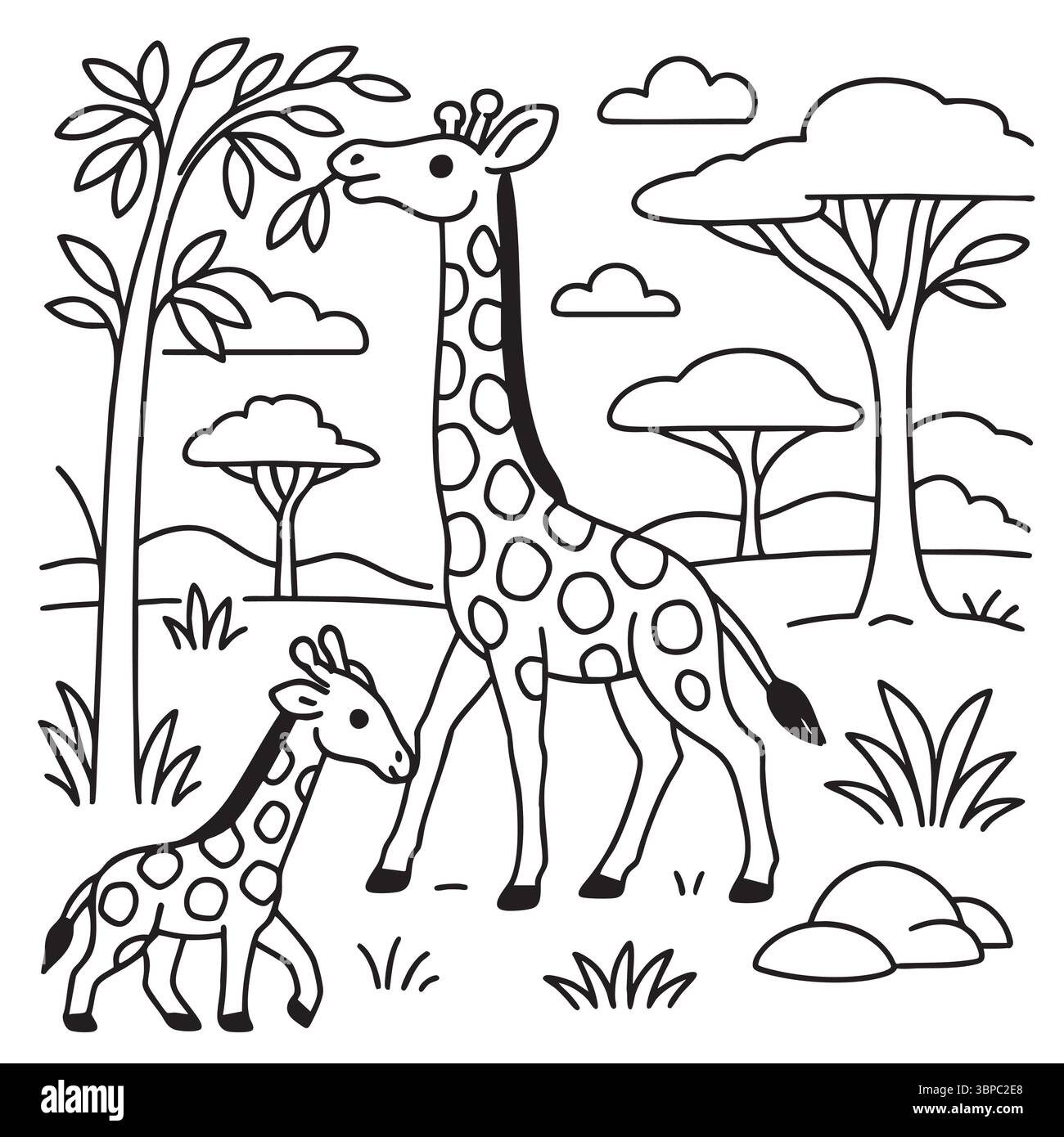 Giraffe Family Walking in African Savanna Stock Vektor