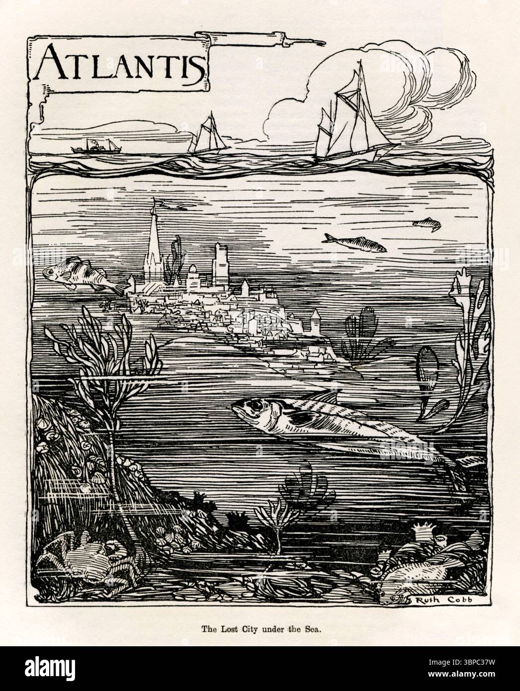 „Atlantis – die verlorene Stadt unter dem Meer“ Illustration der britischen Künstlerin Ruth Cobb (1878-1950), die die mythische verlorene Stadt Atlantis unter dem Meer zeigt, mit detaillierten Unterwasserleben und den Türmen und Gebäuden der Stadt unter Segelschiffen. Foto von einer Ausgabe des Chatterbox Annual 1926. Stockfoto