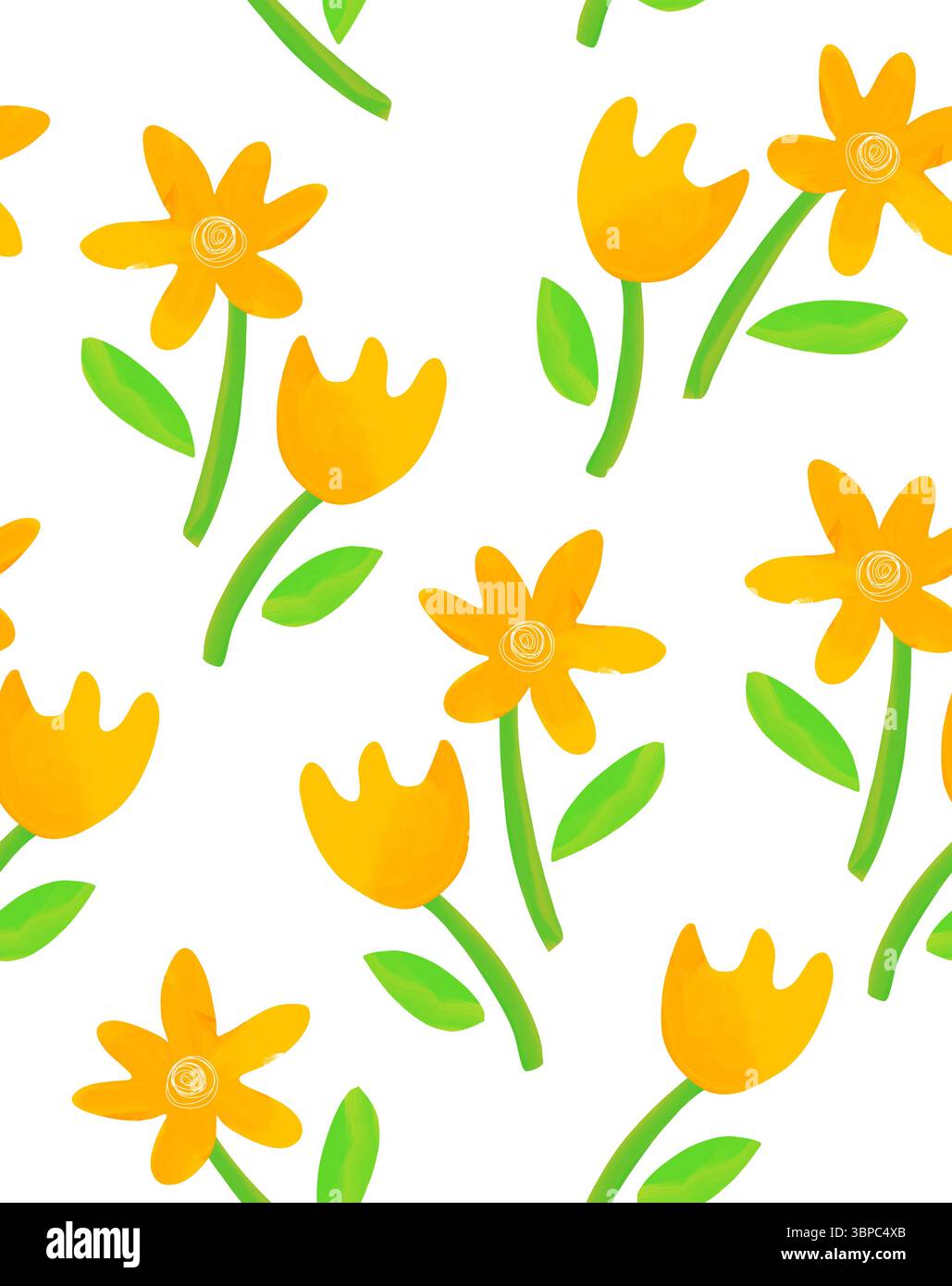 Nettes Hand gezeichnetes nahtloses Vektormuster mit gelben Blumen auf einem weißen Hintergrund. Einfache kindliche, zeichnerische Tapete mit blühenden Blumen. Stock Vektor