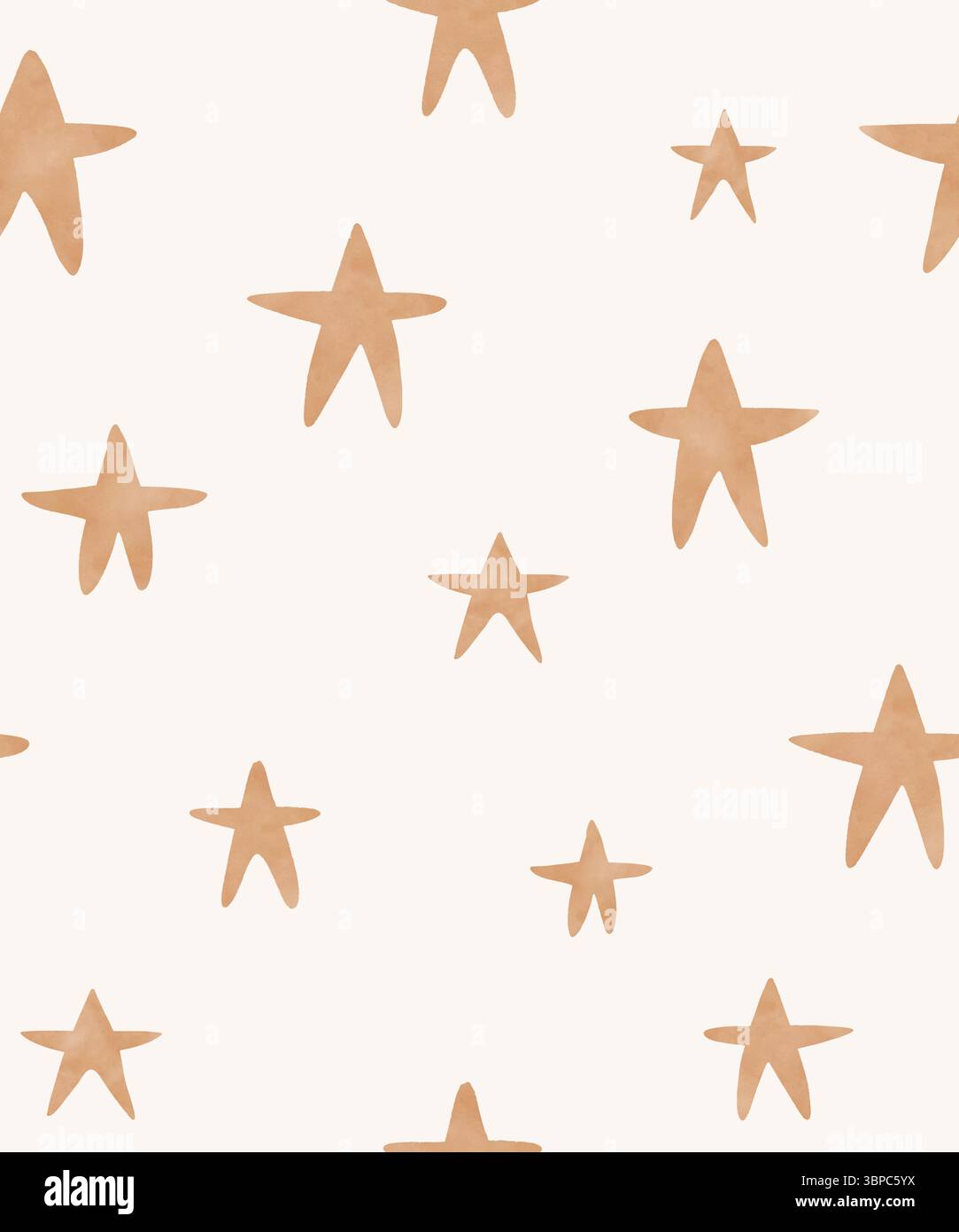 Infantile Stil Druck mit braunen Sternen. Unregelmäßiges nahtloses Vektor-Muster mit Hand gezeichneten Sternen auf einem beigefarbenen Hintergrund. Einfaches Kindliches Sternenmuster. Stock Vektor