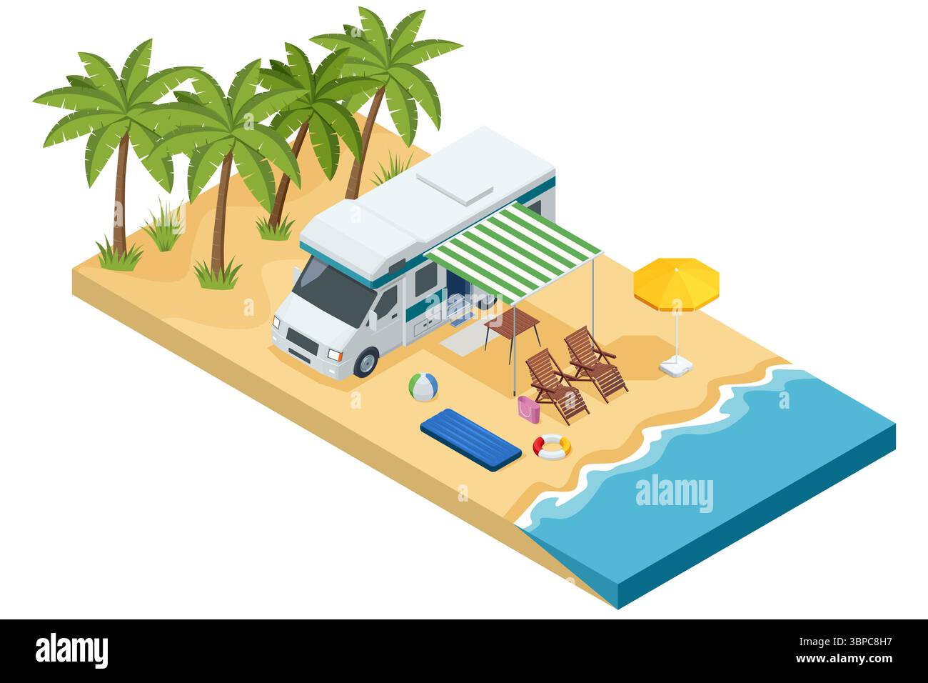 Tropische Insel mit Wohnmobil, Palmen, Liegestühlen, Strandball, Rettungsring, und orangefarbene Flagge. Sommerurlaub und Reisekonzept in der Wohnung Stock Vektor