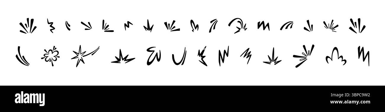 Set von japanischen Comic-Comic-Effekten. Kritzelvektorillustration Hand gezeichnete Designelemente. Geschwindigkeit, Burst, Ausleger, Spritzen, Bewegung, Explosionszeichnung. Stock Vektor