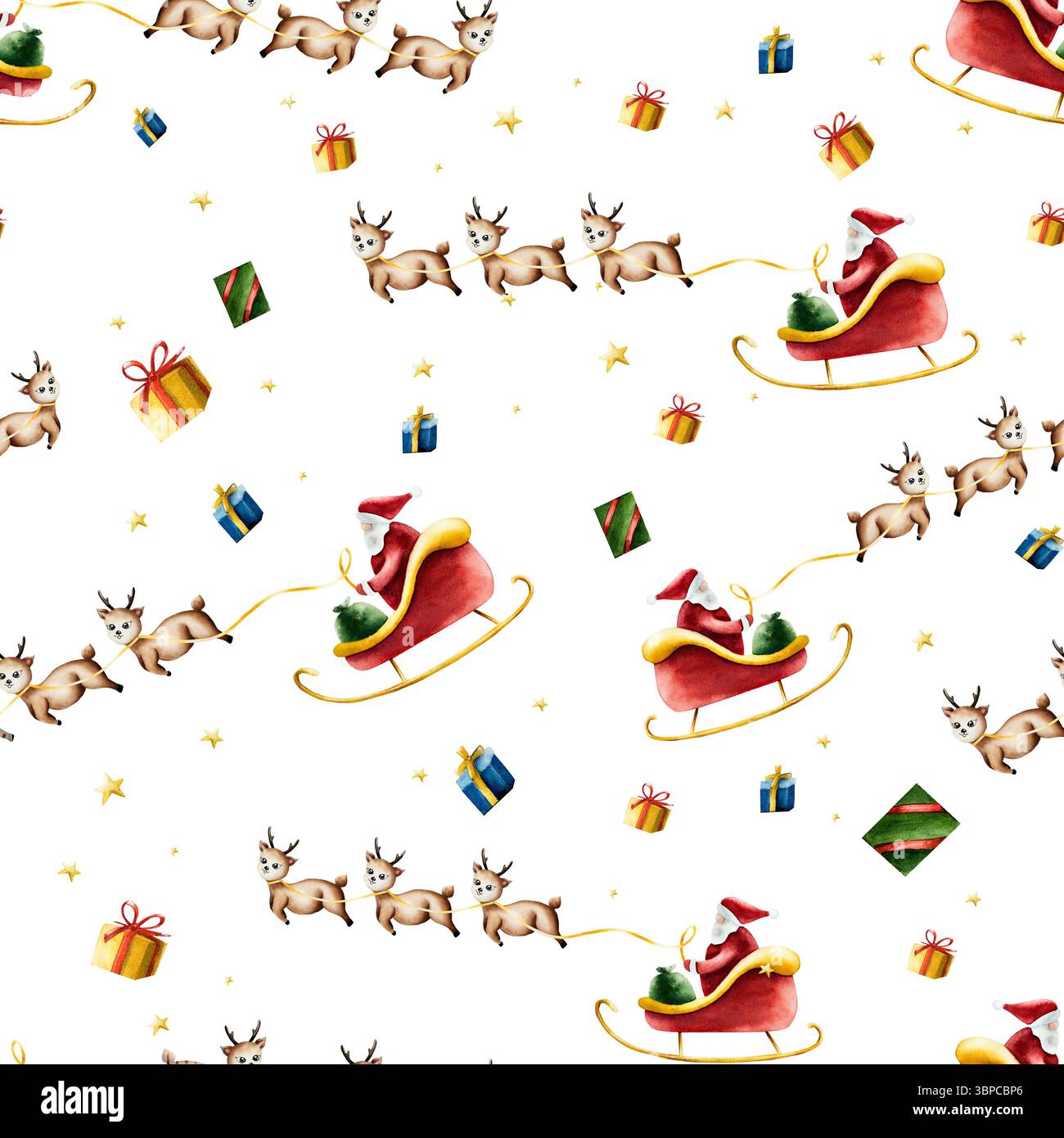 Weihnachtsmann fährt im roten Schlitten mit Geschenktüte. Niedliches lächelndes Hirsch, Rentier, weihnachtliches Kitzel, Aquarell handgemalte Illustration isoliert auf Stockfoto