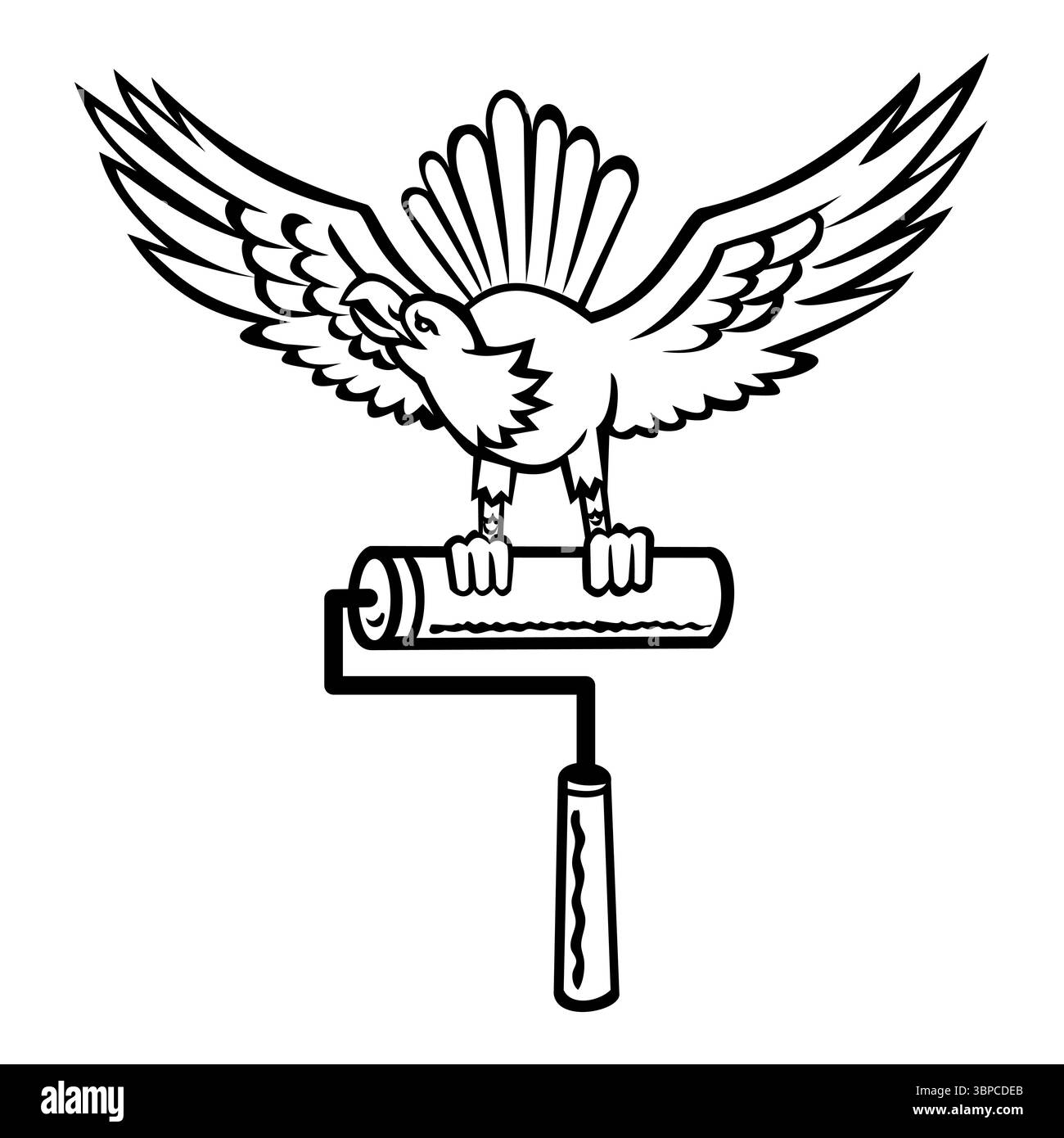 Retro-Holzschnitt-Illustration eines amerikanischen Adlers, Weißkopfseeadlers oder Haliaeetus leucocephalus, der auf Malerwalze thront, von vorne gesehen auf isoliertem b Stock Vektor