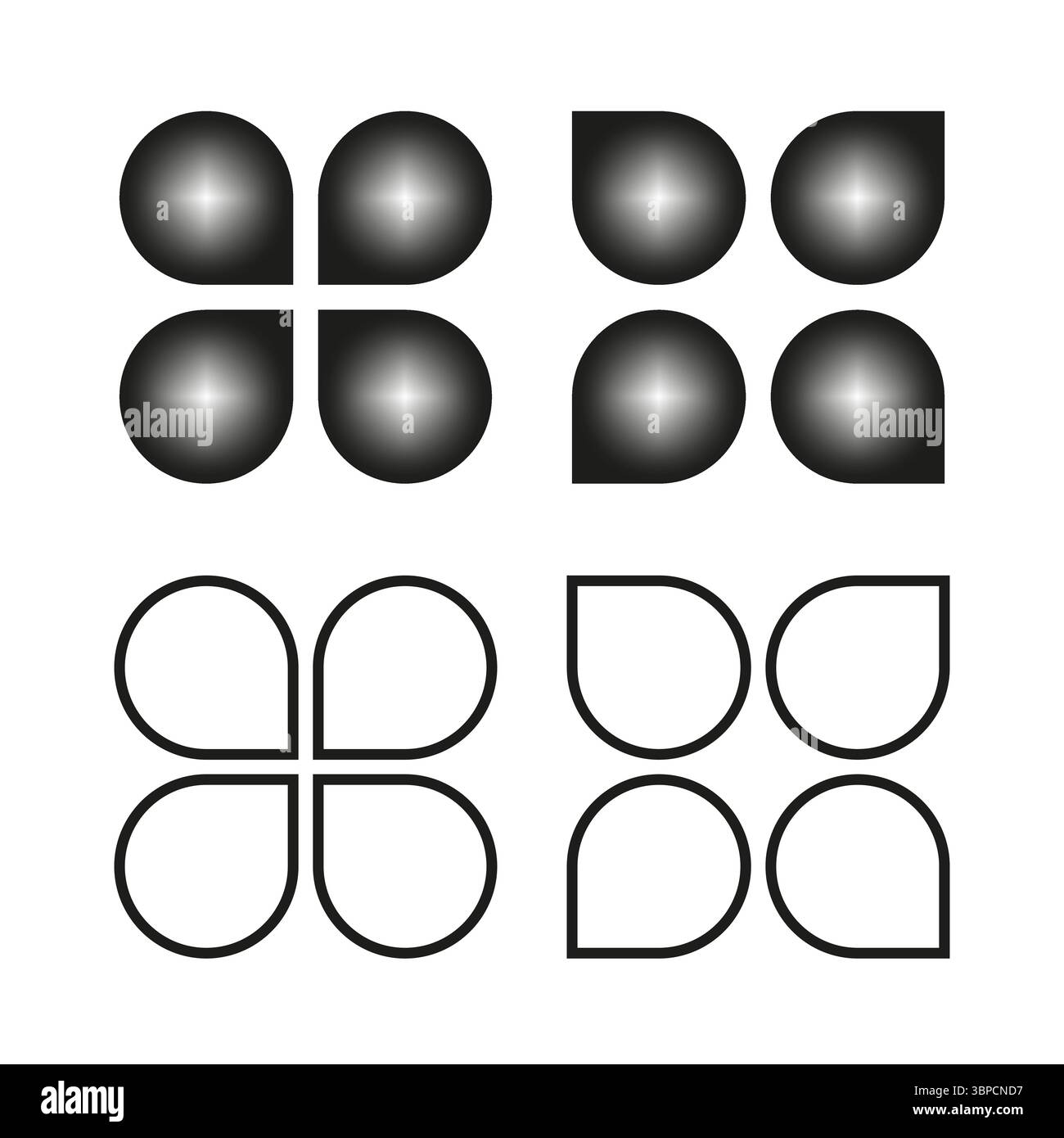 Abgerundete quadratische Symbole. Glänzender matter Kontrast. Minimalistisches Vektorset. Einfaches Schwarzweiß. Stock Vektor