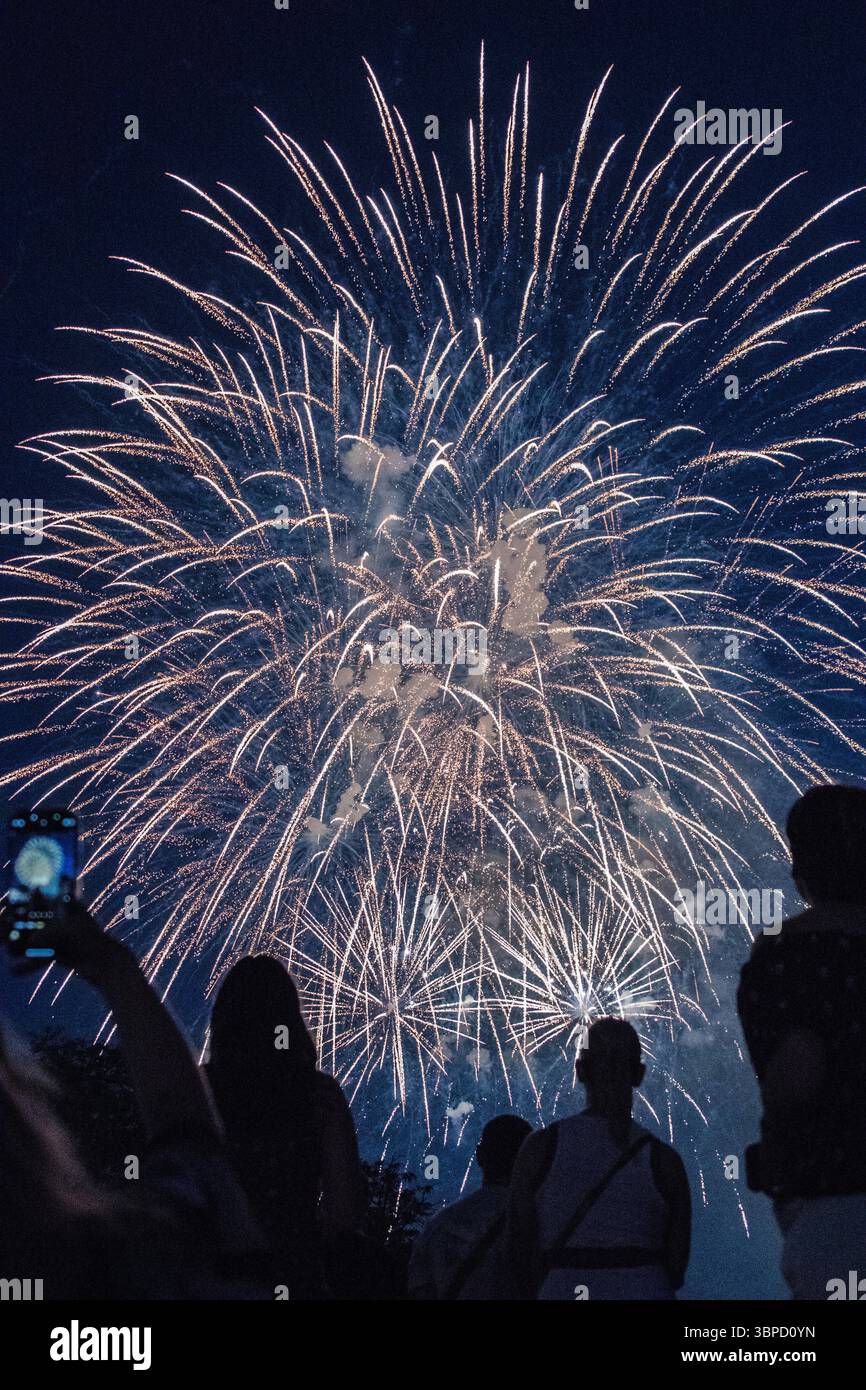 Feuerwerk hinter Silhouetten Stockfoto