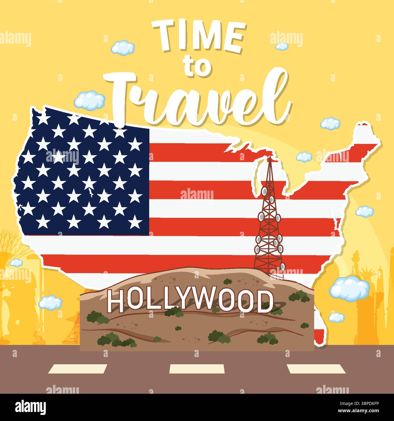 Vektor-Illustration der USA-Karte mit Hollywood-Zeichen. Mit leuchtenden Farben, ikonischen Wahrzeichen und Motto-Elementen für Reisen Stock Vektor