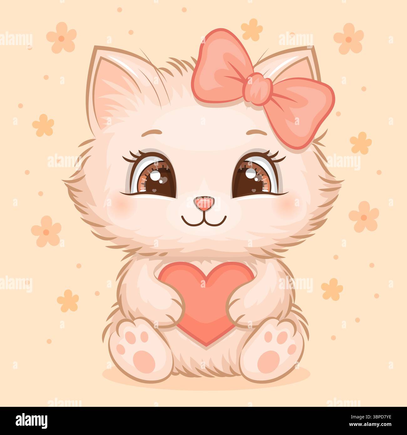 Entzückende flauschige Cartoon Cat-Figur mit Haarschleife und rotem Herz. Vektorillustration des Tieres auf gelbem Hintergrund mit Blumen. Stock Vektor