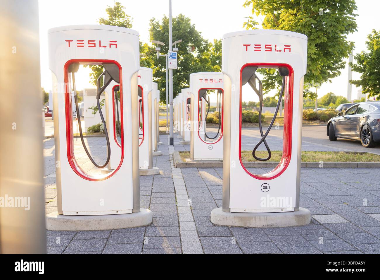 Tesla Ladestationen in sonniger Umgebung mit grünen Bäumen im Hintergrund, Tesla Supercharger Boeblingen, Deutschland, Europa Stockfoto