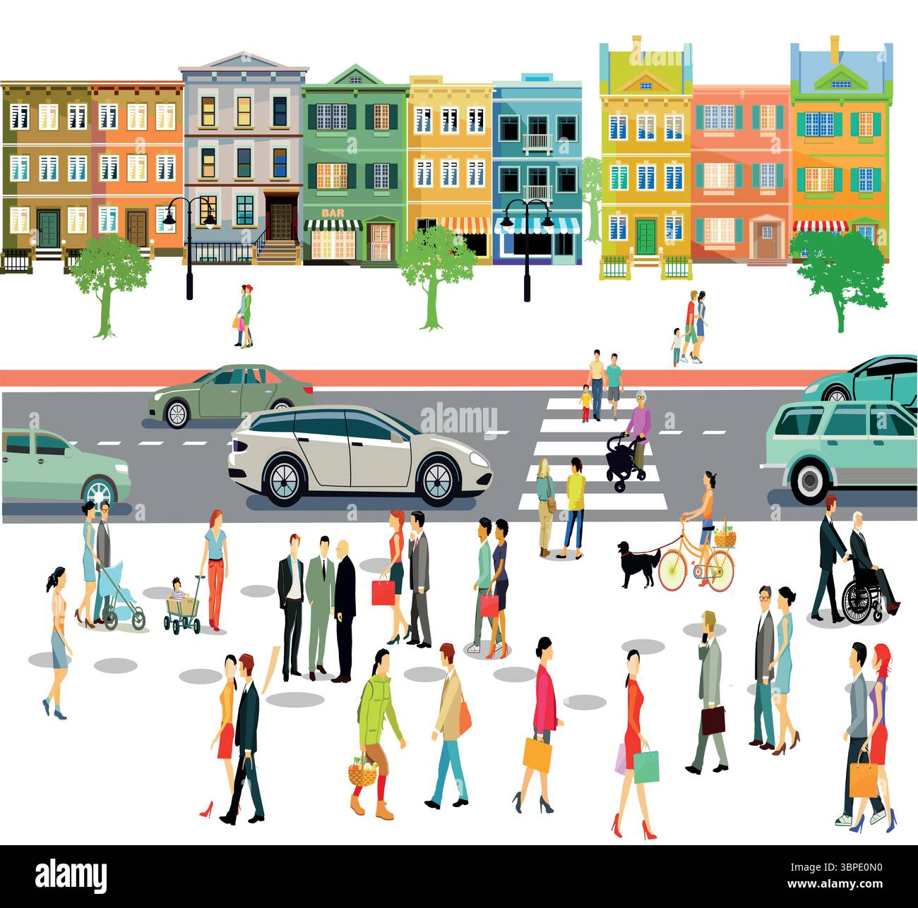 Große Gruppen von Personen, die Freizeit in einem Wohngebiet genießen. Abbildung Stock Vektor