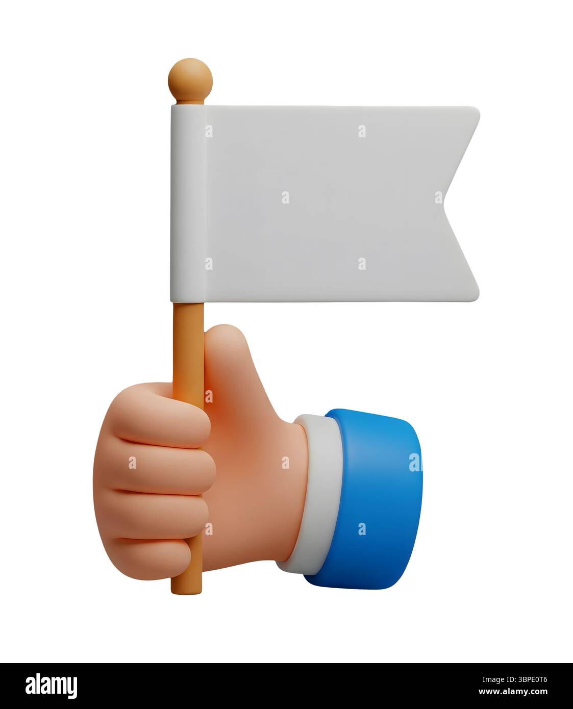 Hand mit leerem weißen Flag minimalistisches 3D-Rendering in einem weichen und glatten Renderer Stockfoto