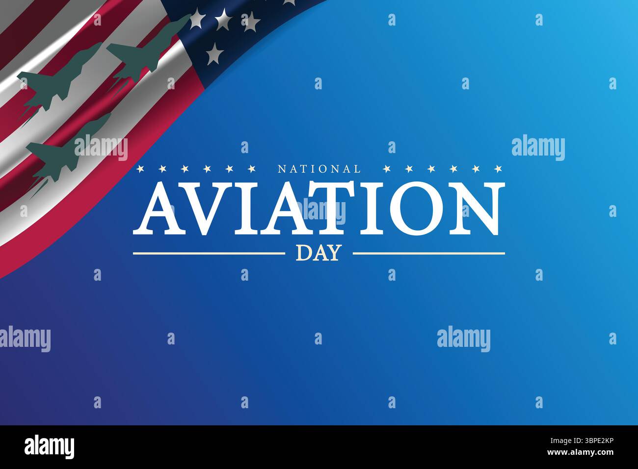 Banner für den Luftfahrttag mit Flagge und blauem Hintergrund Stock Vektor