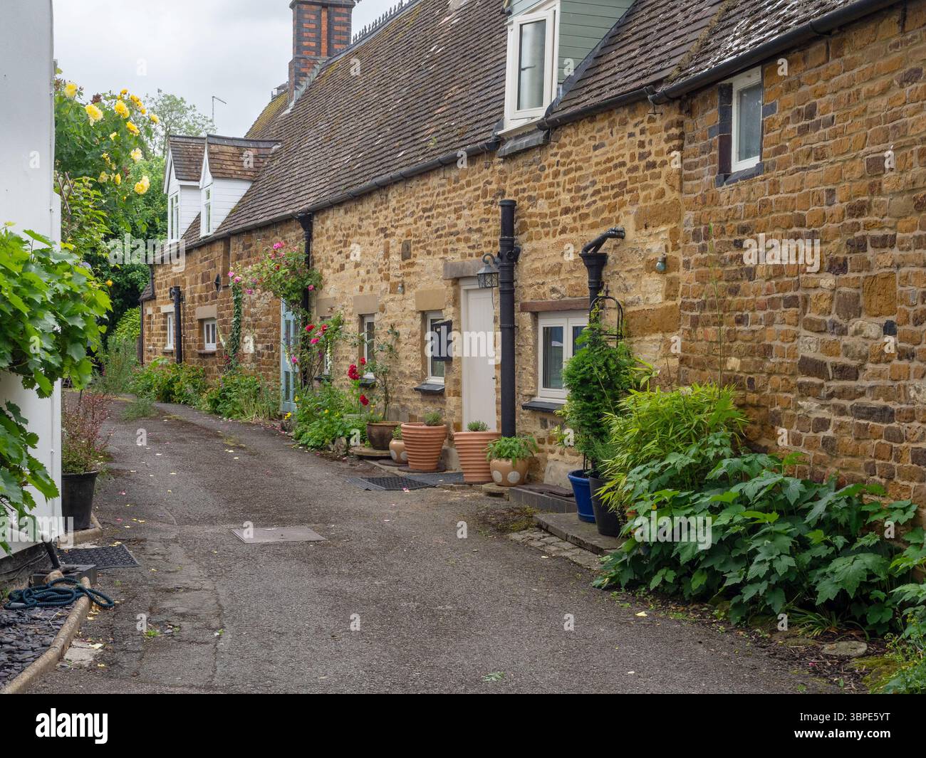 Eine Terrasse aus alten Steinhäusern, Bugbrooke Village, Northamptonshire, Großbritannien Stockfoto