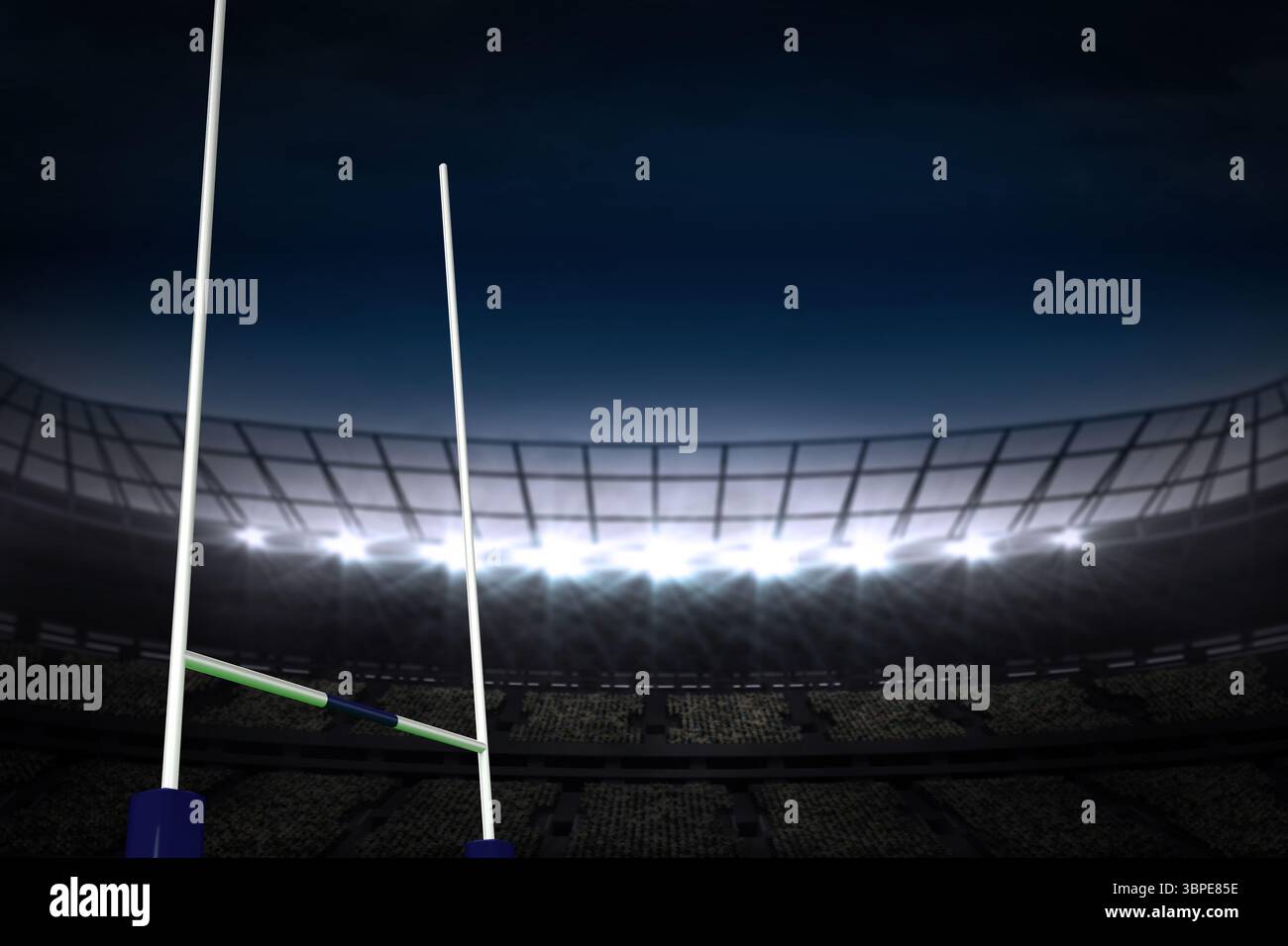 Weiße Rugby-Torpfosten werden in flachem Design unter Flutlichtern mit geschwungener Tribüne gezeigt Stockfoto