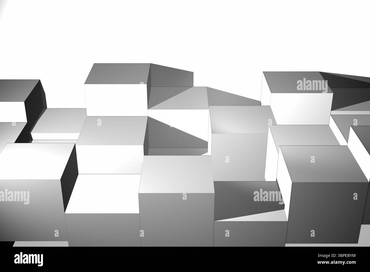 Minimalistisches monochromatisches 3D-Rendering mit einem Offset-Raster aus weißgrauen Würfeln und Prismen in weißer Leere Stockfoto
