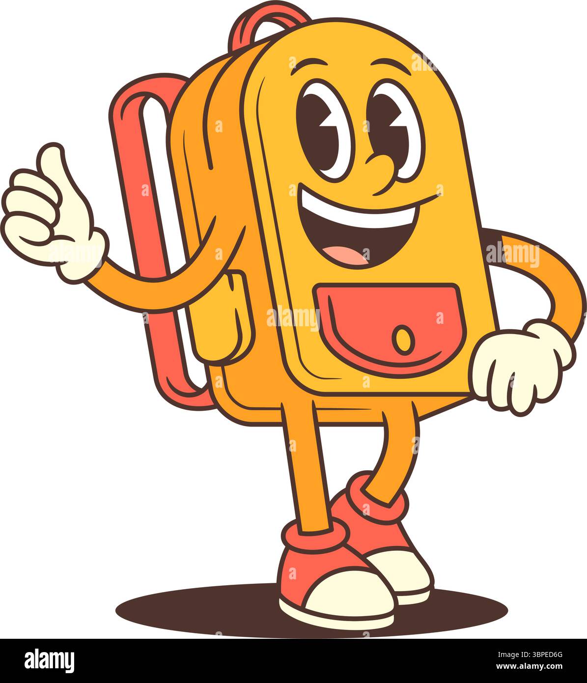 Das Maskottchen im Rucksack hebt einen Arm in einer freundlichen Welle mit einem großen Lächeln und sorgt für eine warme und einladende Atmosphäre. Perfekt für Begrüßungsbildschirme, Kontaktseiten, o Stock Vektor