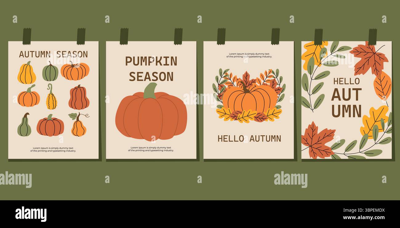 Set mit Herbstgrußkarten mit Kürbissen, Blättern und saisonalen Nachrichten. Gemütliche Herbstillustrationen in Erdtönen. Perfekt für Erntefeiern Stock Vektor