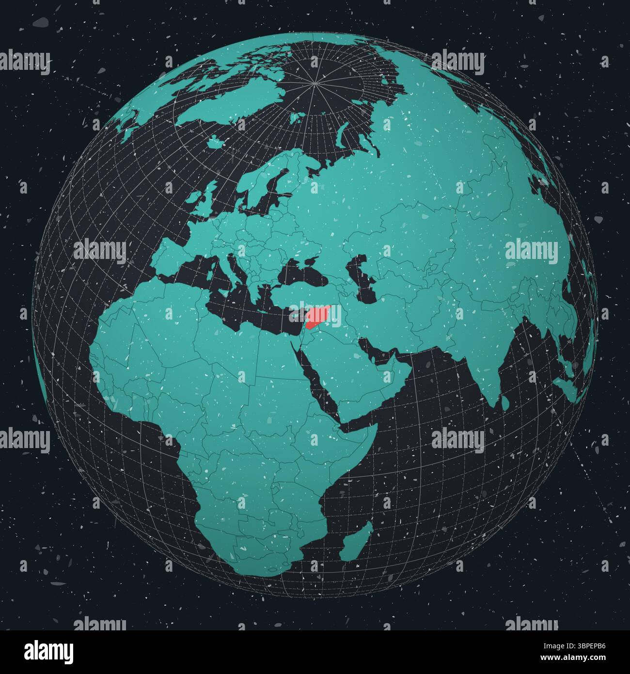 Syrische Arabische Republik auf Globe. Vintage-Look mit zerkratzter Grunge-Textur. Länderansicht auf der Weltkarte in dunklem Anthrazit Türkis. Stock Vektor