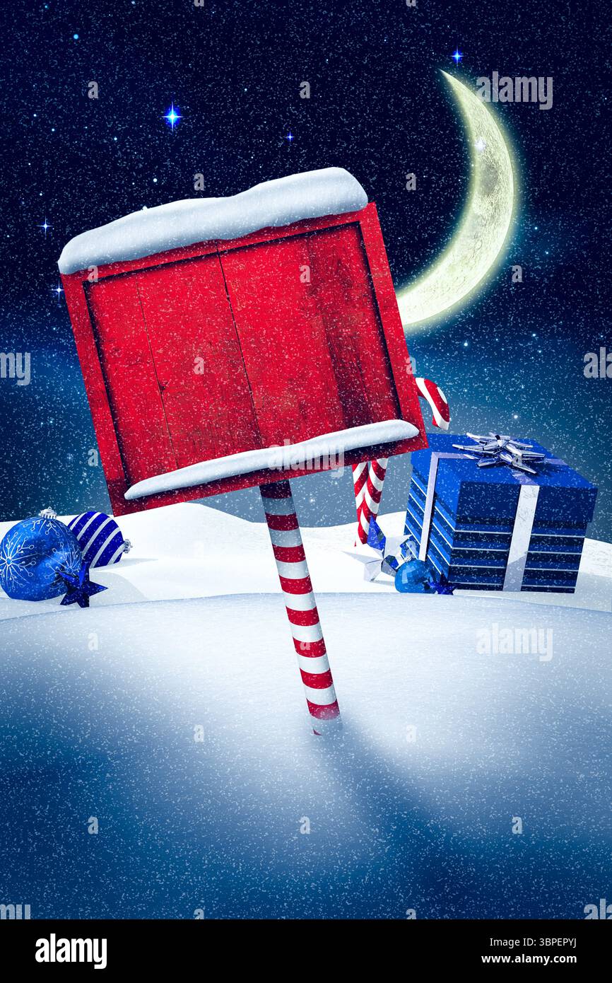Flacher Vektor, der roten Schilderpfosten im Schnee mit blauen Ornamenten zeigt, Süßigkeitenstangen, blaue Geschenkbox Stockfoto