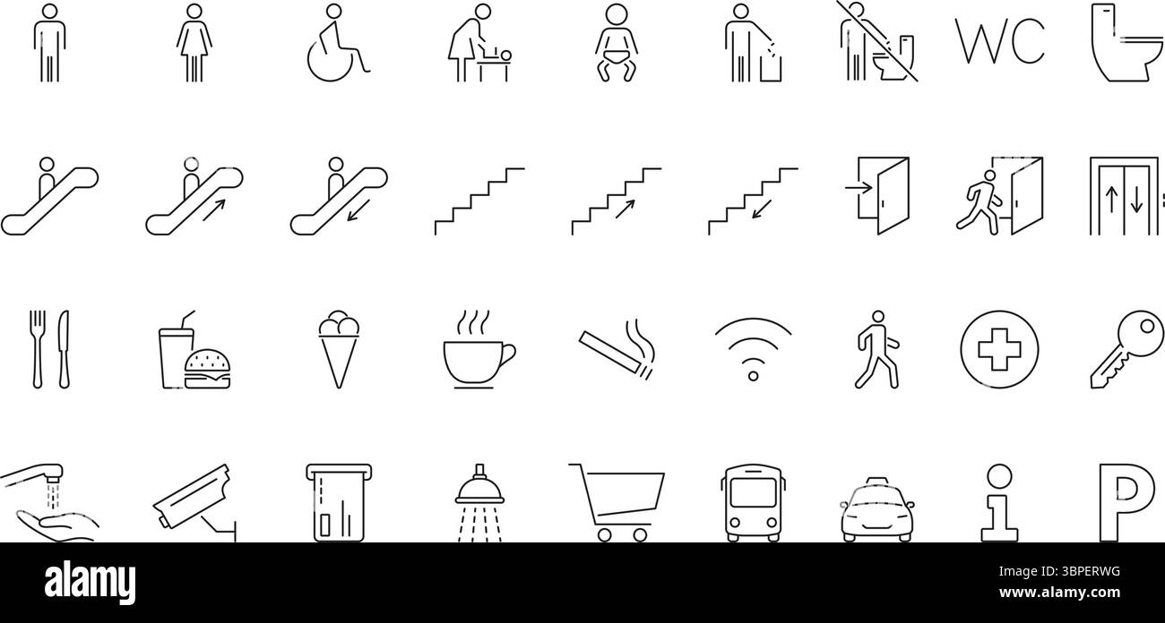 Öffentliche Einrichtungen Und Einrichtungen – Symbolsatz. Universelle Symbole für Barrierefreiheit, Navigation und Dienste in öffentlichen Bereichen. Inklusive Toiletten Und Fahrstühlen Stock Vektor