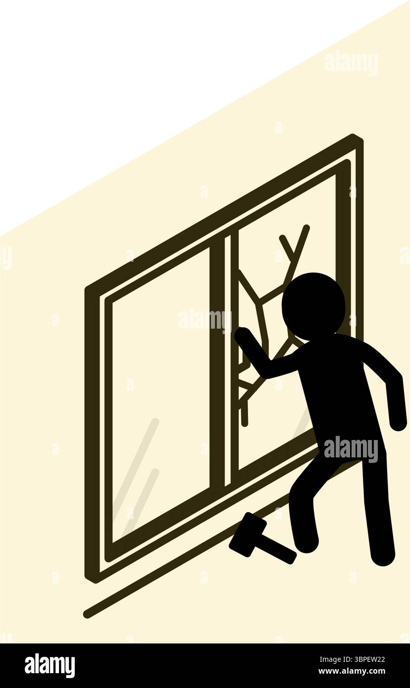 Verdächtige Person bricht ein, indem sie Fenster mit Hammer zerschmettert, Kriminalprävention und Home Security Isometrisches Symbol, Vektor-Illustration Stock Vektor