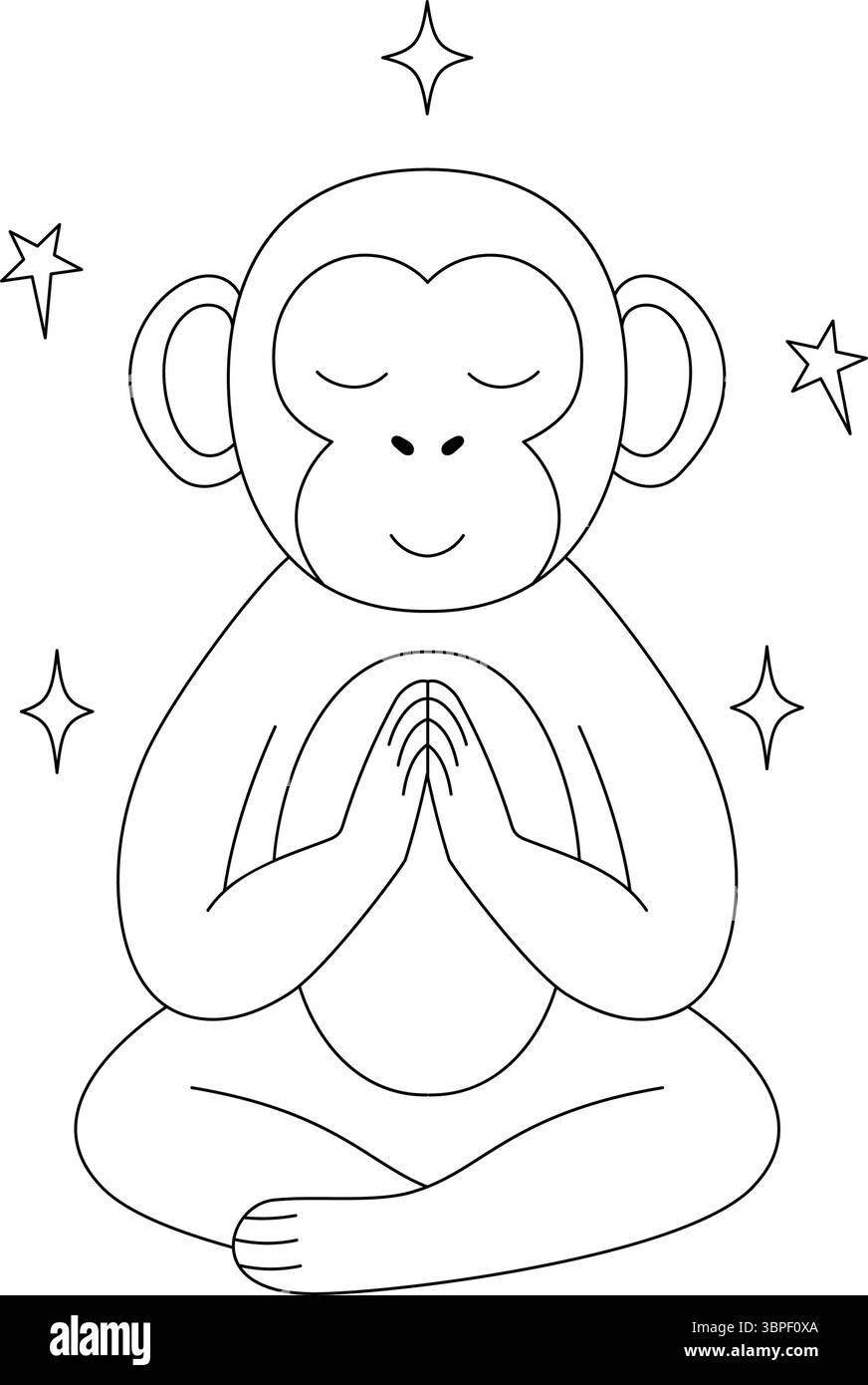 Affe in meditativer Pose mit geschlossenen Augen und umgeben von Sternen Stock Vektor