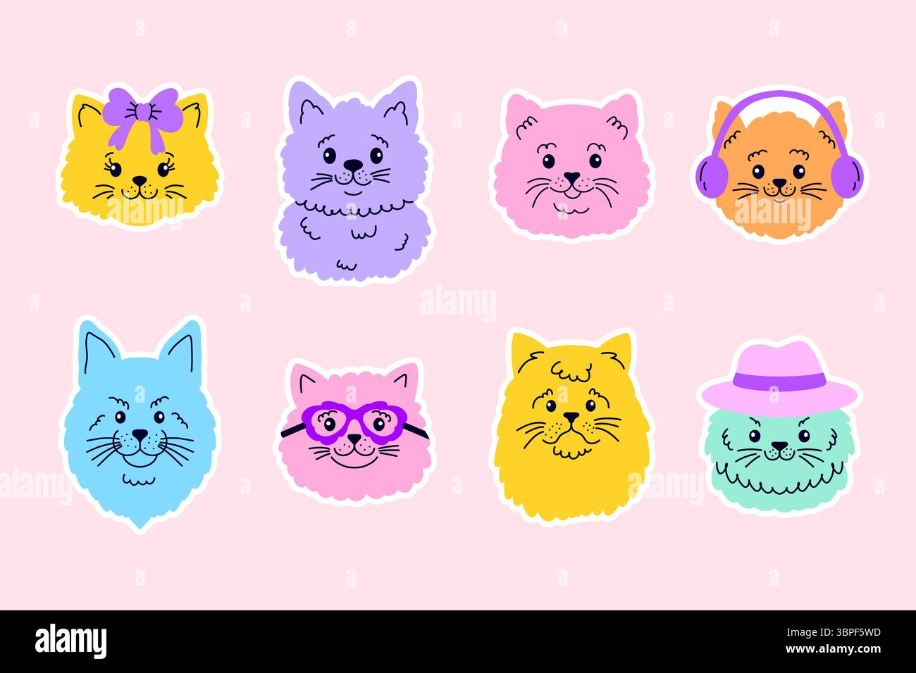 Sammlung von Stickern mit Katzengesichtern im Doodle-Stil Stock Vektor