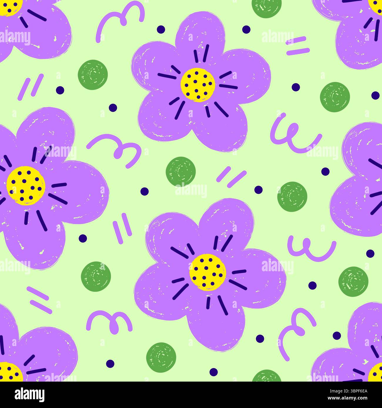 Ein verspieltes und lebendiges nahtloses Muster mit handgezeichneten Blumen, Polka Dots und Scribbles Stock Vektor