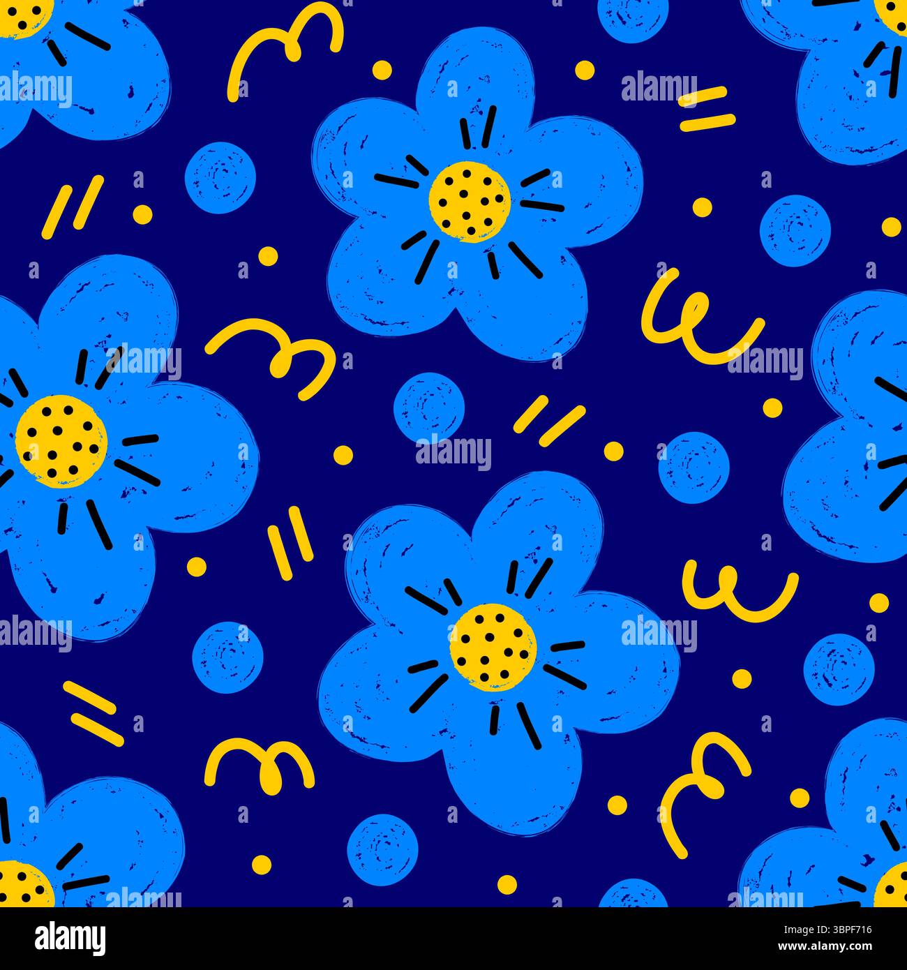 Ein verspieltes und lebendiges nahtloses Muster mit handgezeichneten Blumen, Polka Dots und Scribbles Stock Vektor