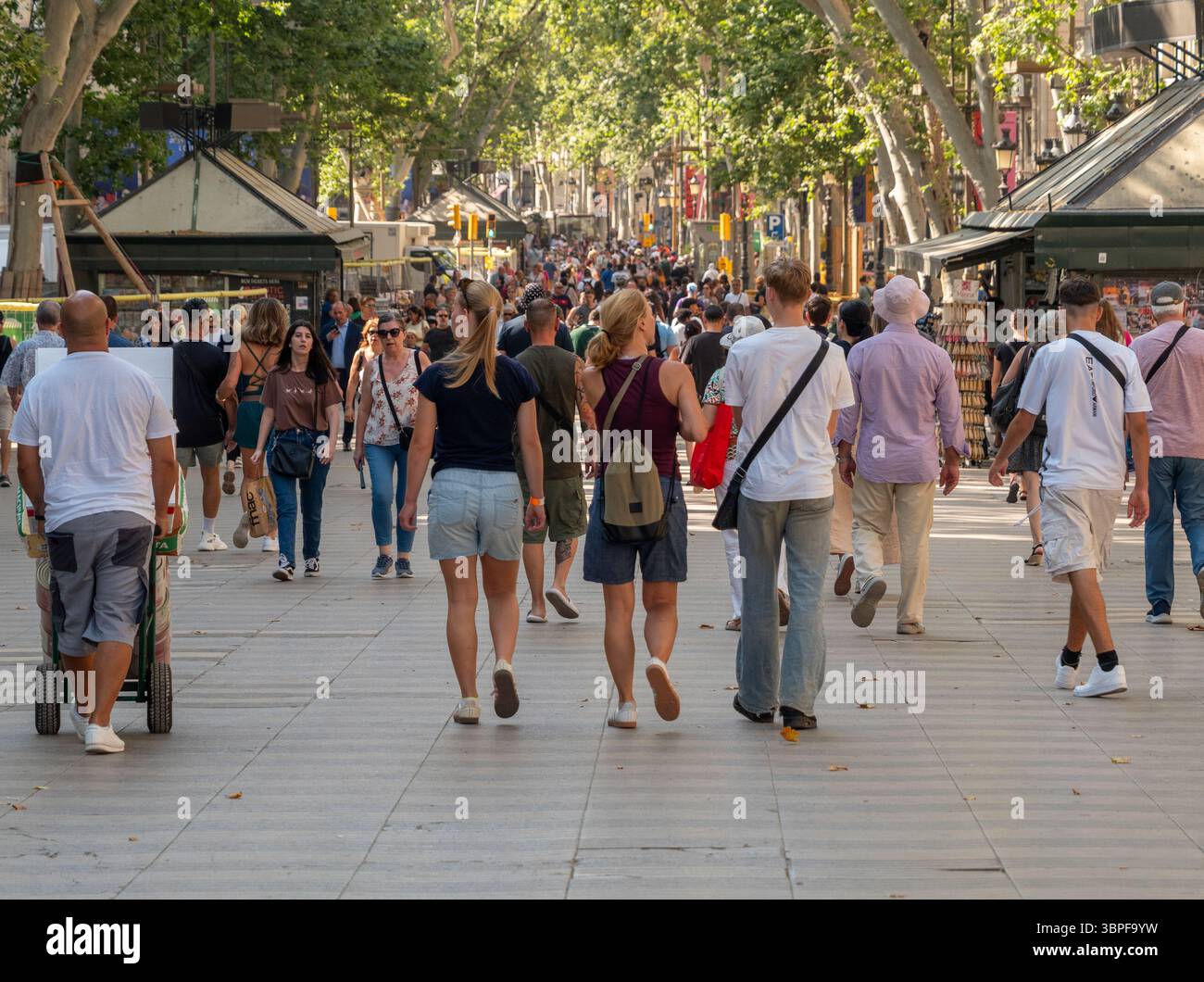 An einem sonnigen Sommertag in Barcelona, Spanien, spazieren zahlreiche Touristen und Einheimische entlang der berühmten baumgesäumten Promenade La Rambla. Stockfoto