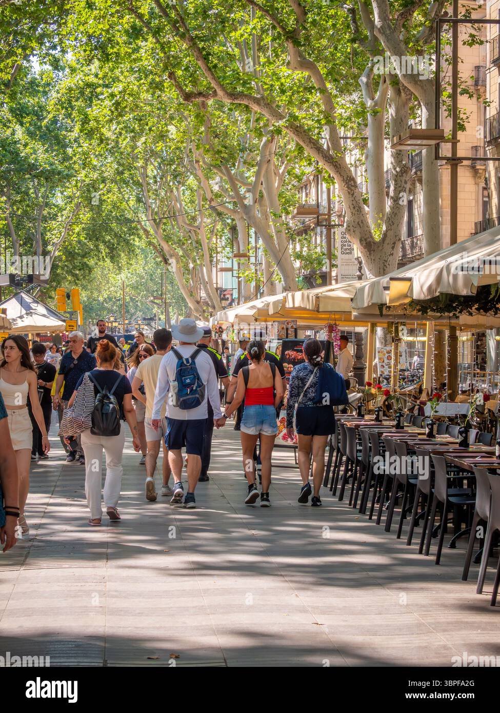 Menschen und Touristen spazieren entlang der berühmten, von Bäumen gesäumten Promenade La Rambla, einem beliebten Aktivitätenzentrum in Barcelona, Spanien. Stockfoto