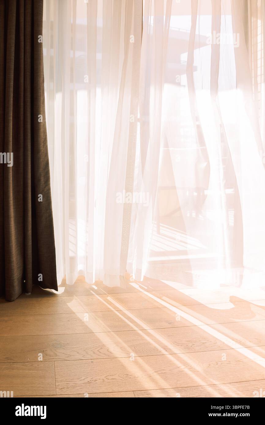 Moderne Zimmereinrichtung mit offenem Fenster in minimalem Stil. Transparenter Tüll mit morgendlichen Sonnenstrahlen auf Schattenhintergrund. Vertikales Foto. Stockfoto