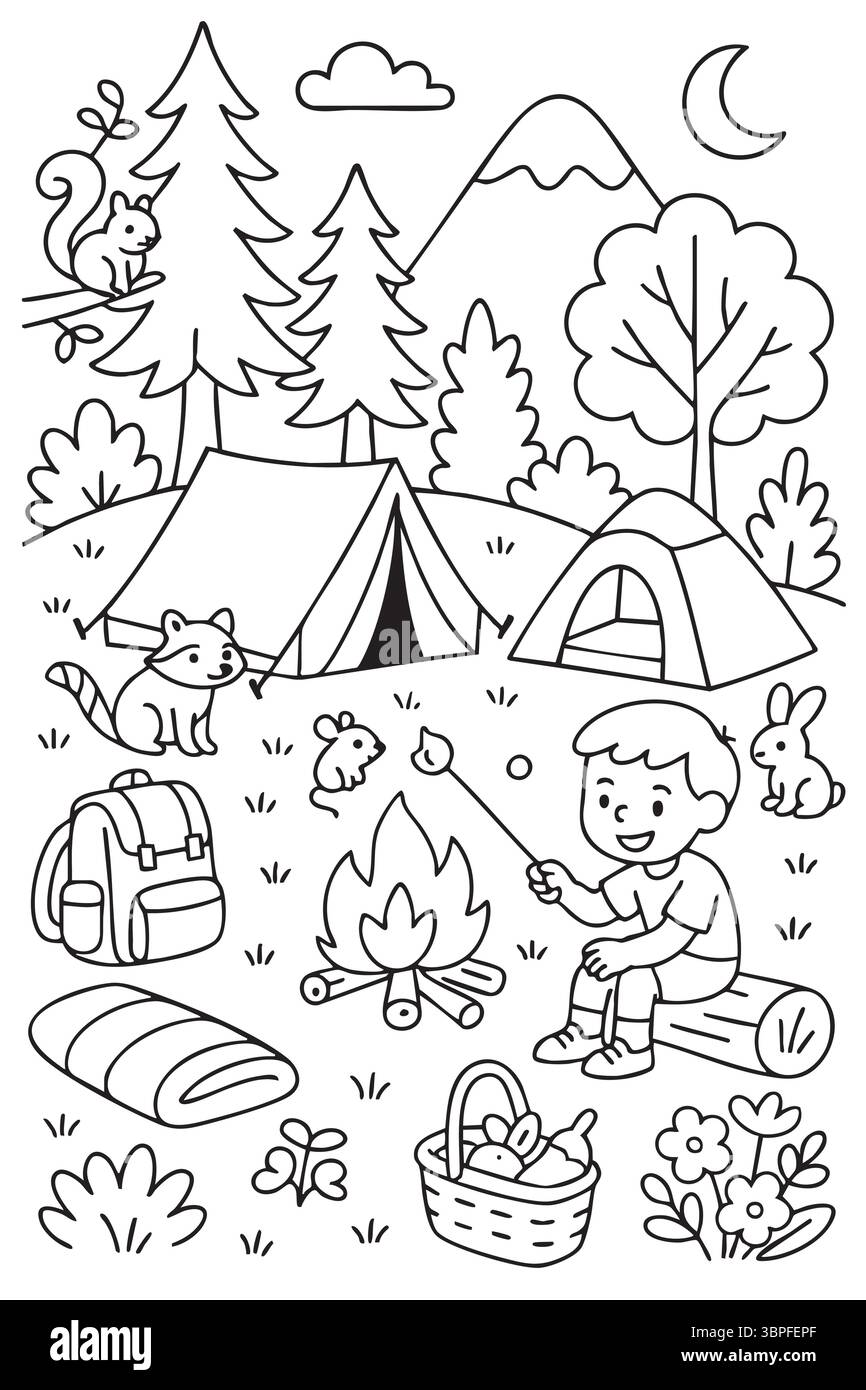Camping im Wald Malseite für Kinder Stock Vektor