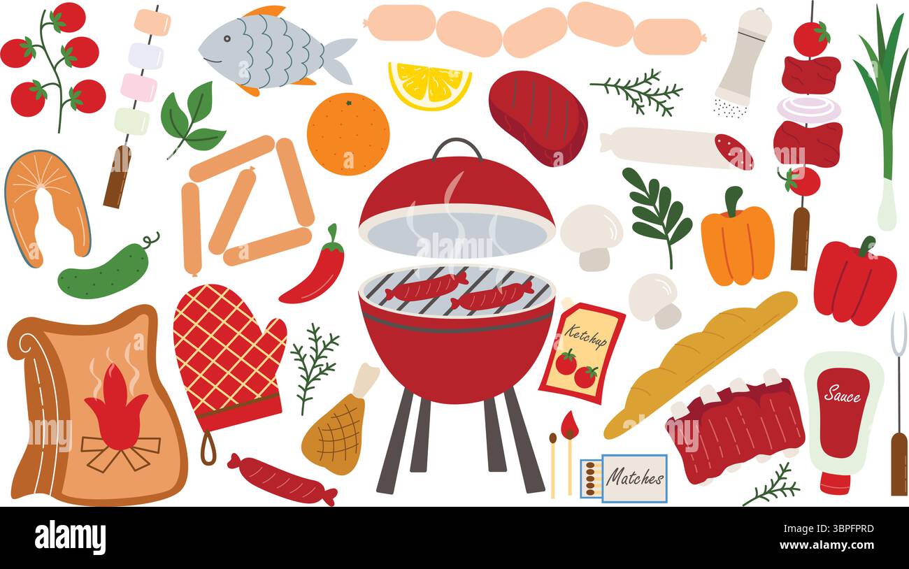 Handgezeichnetes Barbecue-Party-Set mit frittiertem Fleisch, Steaks, Huhn, Würstchen, Gemüse, Saucen. Symbole für Picknickspeisen und Inventar. Wochenende, Grill Stock Vektor