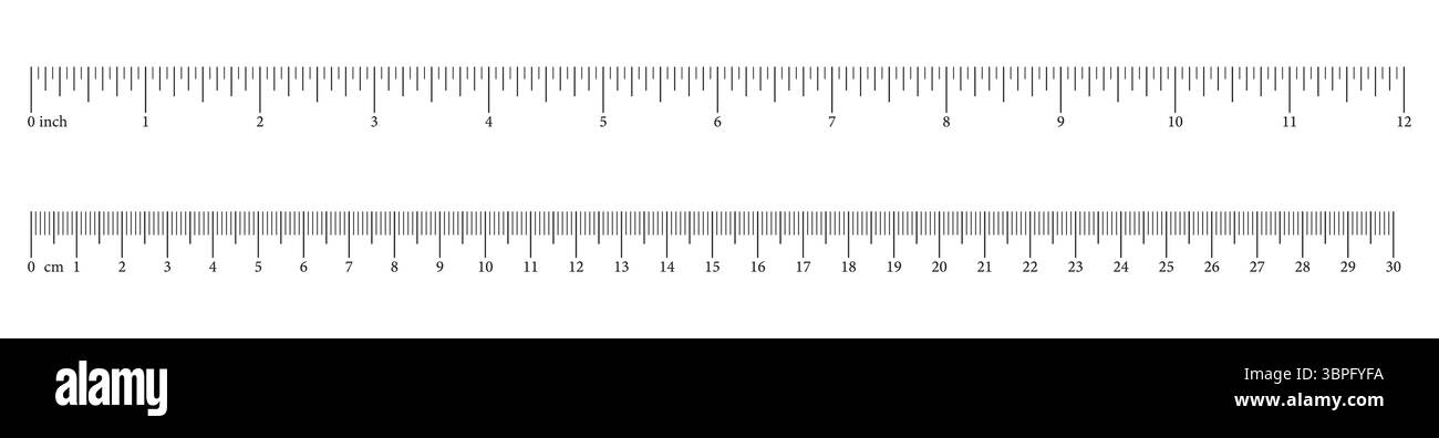 Messdiagramme mit 30 Zentimetern, 12 Zoll. Lineale werden mit Zahlen skaliert. Längenmessung mathematisch, Abstand, Höhe. Satz Nähwerkzeug. Vektor Stock Vektor