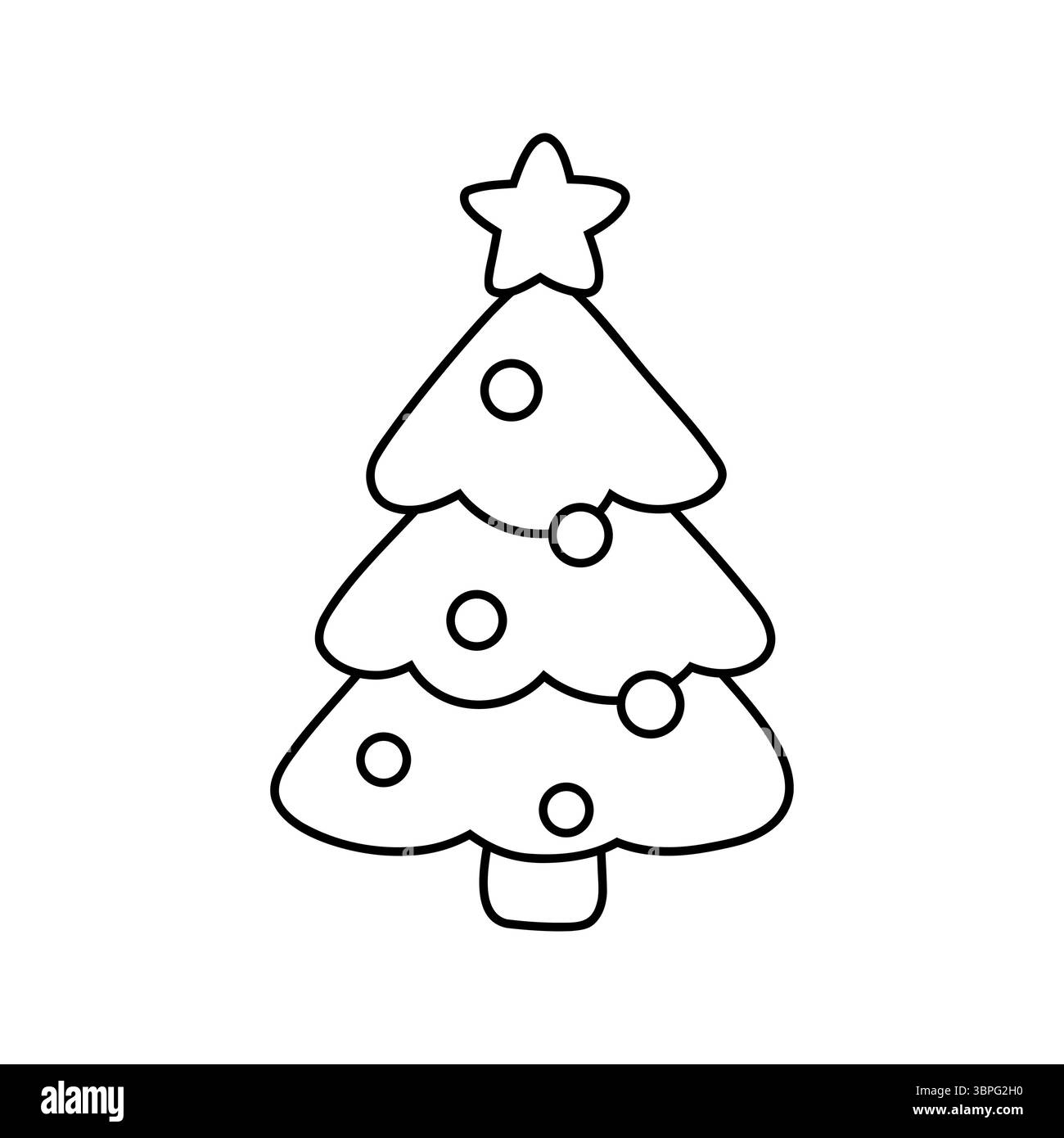 Minimalistische Vektorlinie Kunst Illustration eines Weihnachtsbaums dekoriert mit Ornamenten und Lichtern. Schwarz-weiße Zeichnung ideal für Urlaubsgrüße Stock Vektor