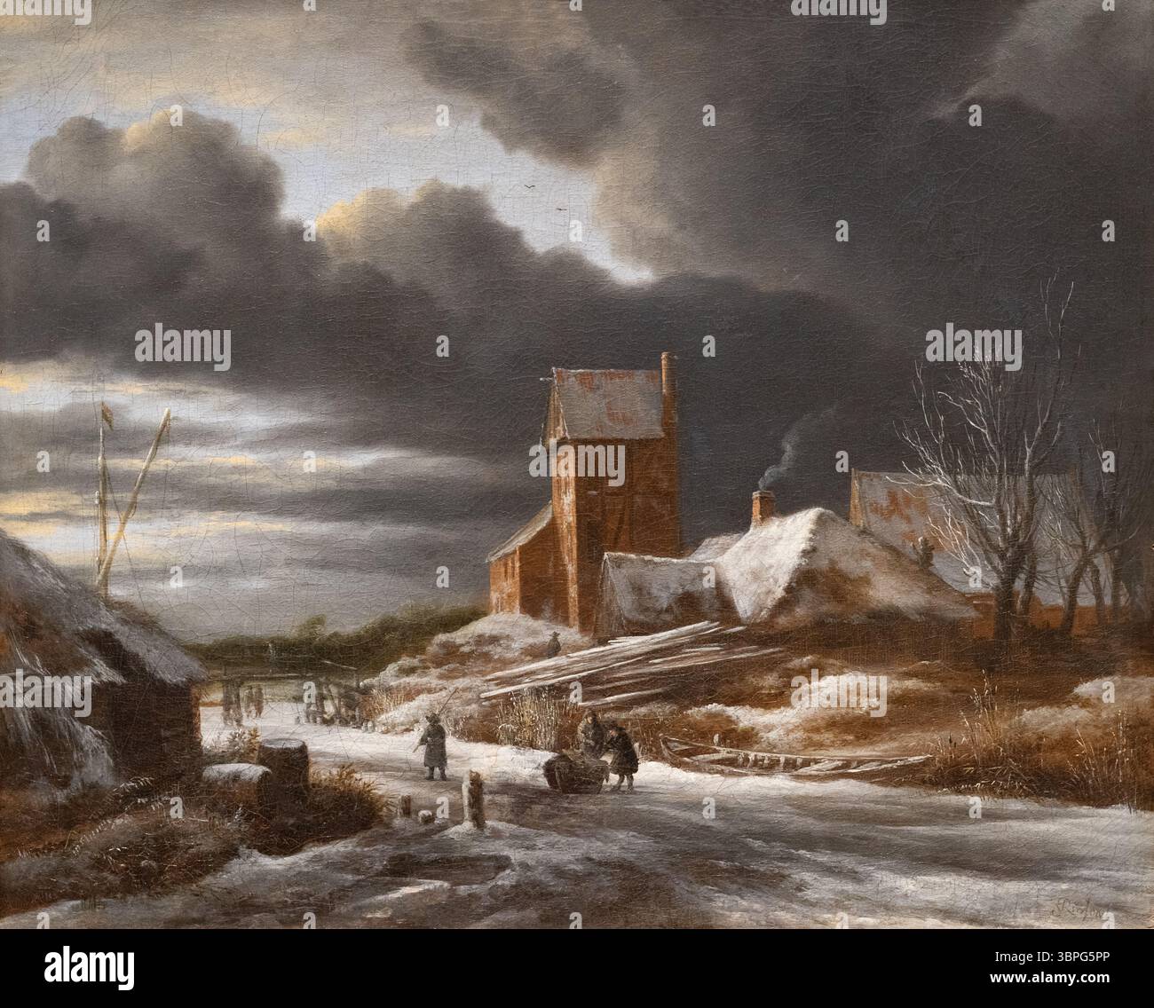 Jacob van Ruisdael Gemälde, „Winterlandschaft“, um 1665. Niederländisches Goldenes Zeitalter; niederländisches Landschaftsbild des Winters mit grauem Himmel aus dem 17. Jahrhundert Stockfoto