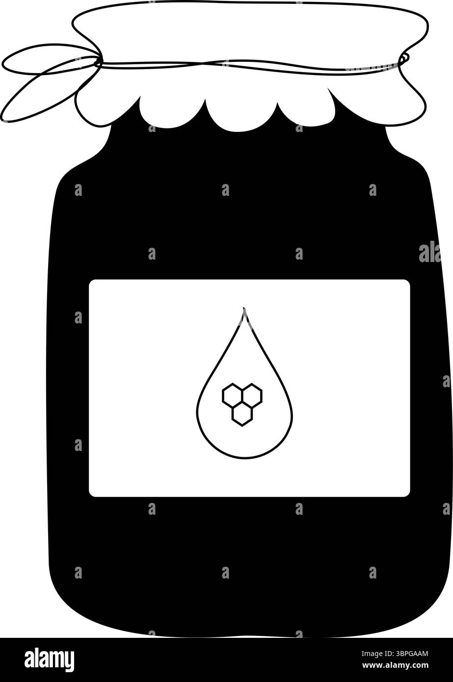 Honigglas und Honigzusammensetzung. Vektorgrafik-Strichdarstellung. Symbol für das Symbol „Gläser und Schaufeln mit Honig“. Beispielposter, Einladung, Weihnachtsbanner, po Stock Vektor