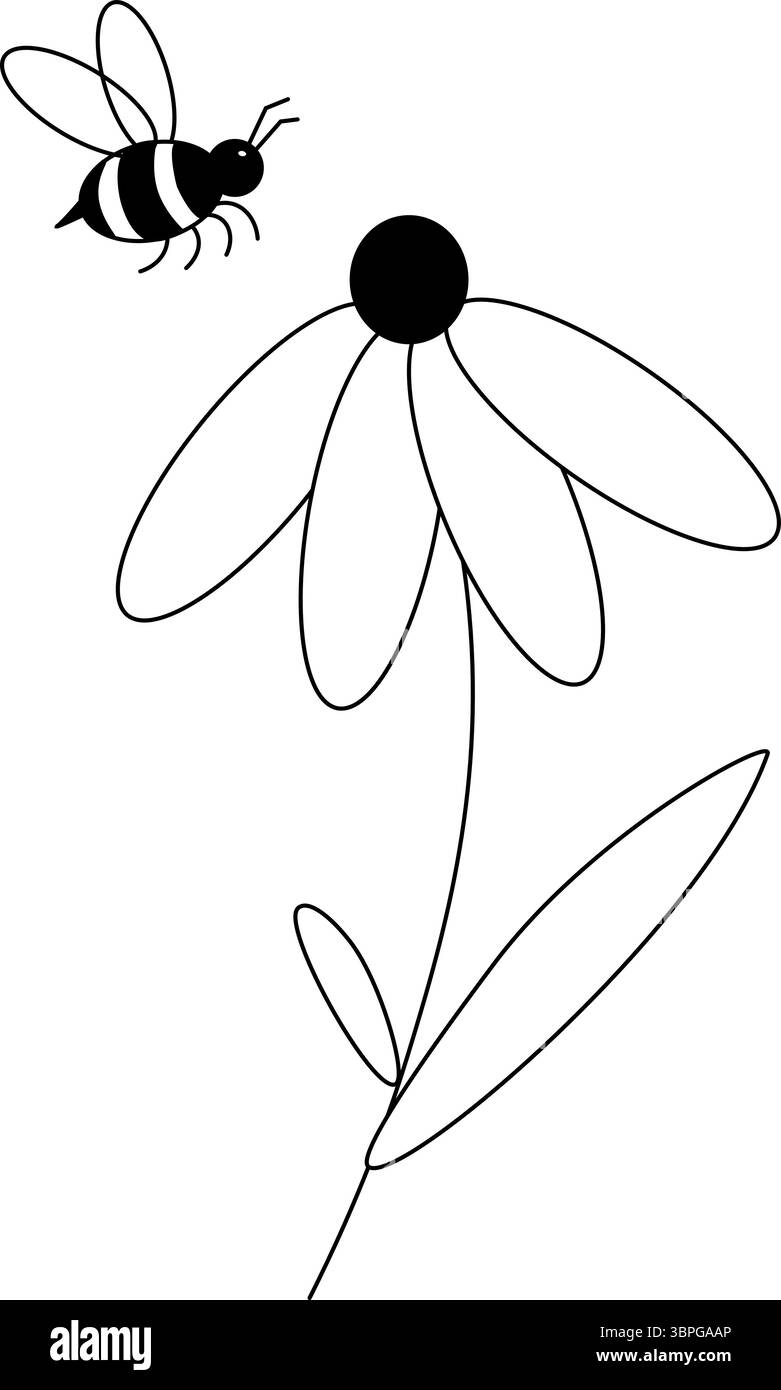 Bienen- und Kamillenblütenzusammensetzung. Vektorgrafik-Strichdarstellung. Geeignet für Kreativindustrie, Multimedia, Unterhaltung, Bildung, Shop, A Stock Vektor