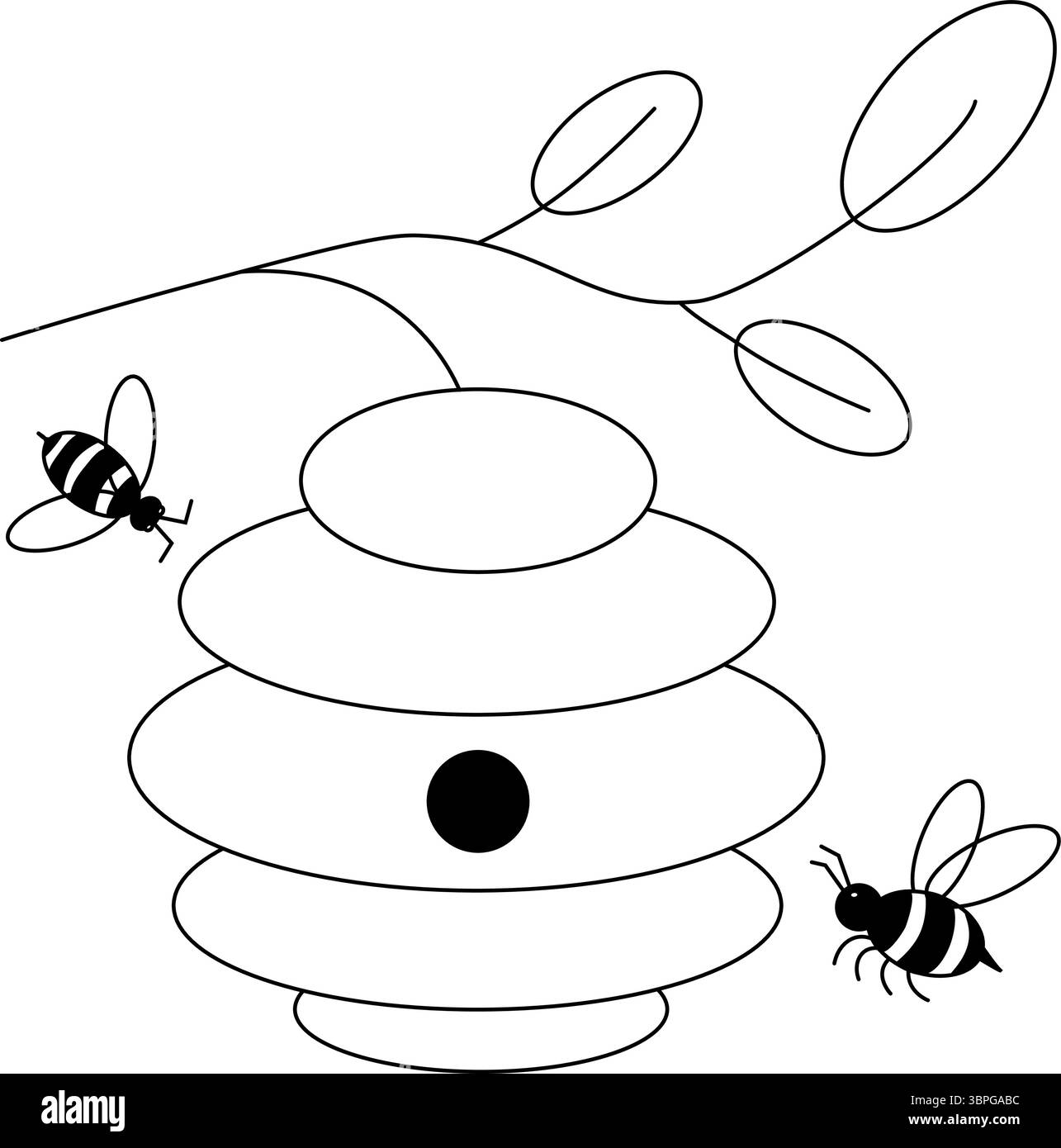 Bienenstockzusammensetzung. Vektorgrafik-Strichdarstellung. Bienenhaus mit rundem Eingang. Insektenleben in der Natur. Bienenstock in einem Baumzweig. Design für Stock Vektor